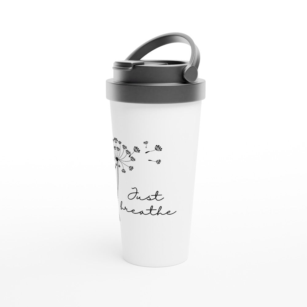 Just Breathe - White 15oz Stainless Steel Travel Mug Travel Mug Globally Fulfilled motivation positivity