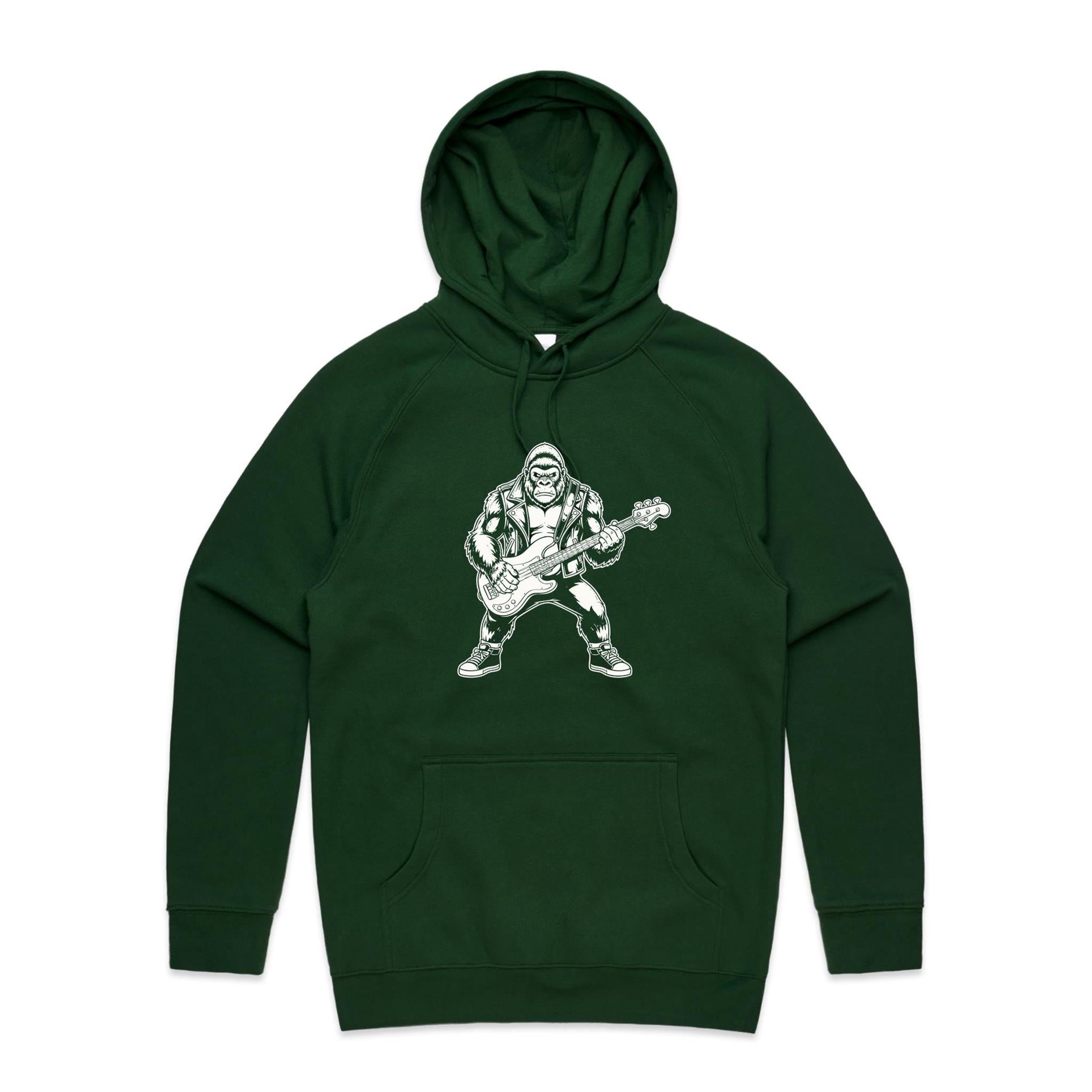 Gorilla Bass Player Men's AS Colour Hoodie Forest Green Mens Hoodie animal Music Printed In Australia