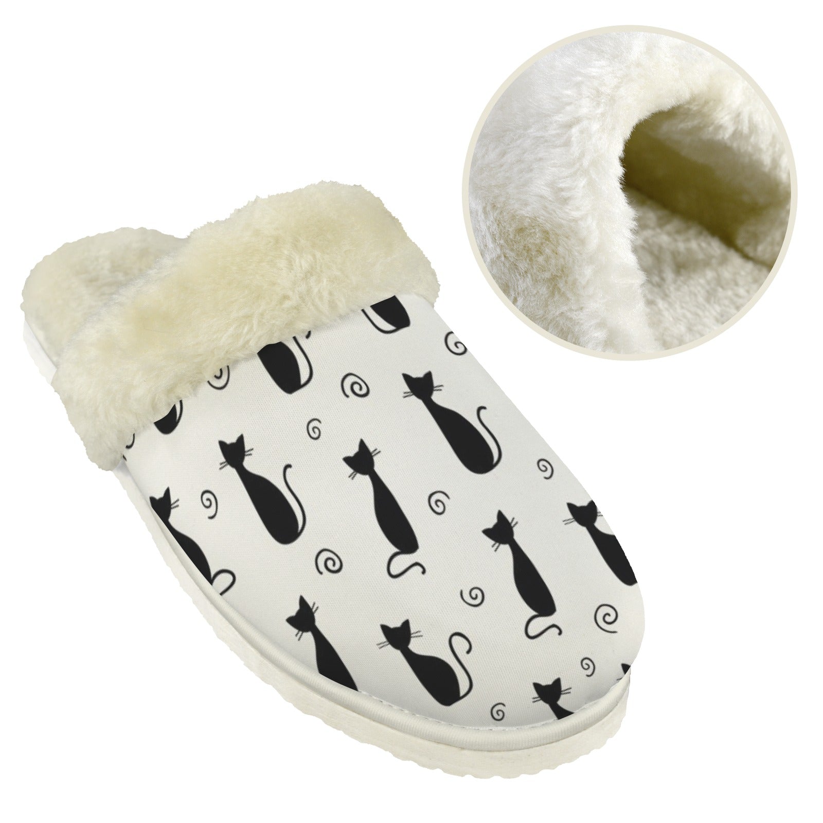 Black Cats Women's Fur Trim Thick-Sole Indoor Slippers Women's Fur Trimmed Slippers animal Printed Offshore