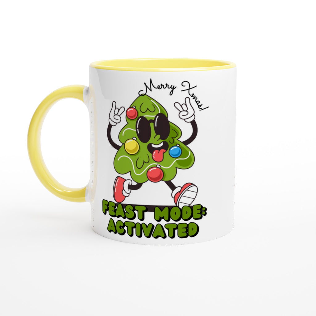 Christmas Feast Mode Activated - White 11oz Ceramic Mug with Colour Inside Ceramic Yellow Christmas Colour Mug Christmas Globally Fulfilled