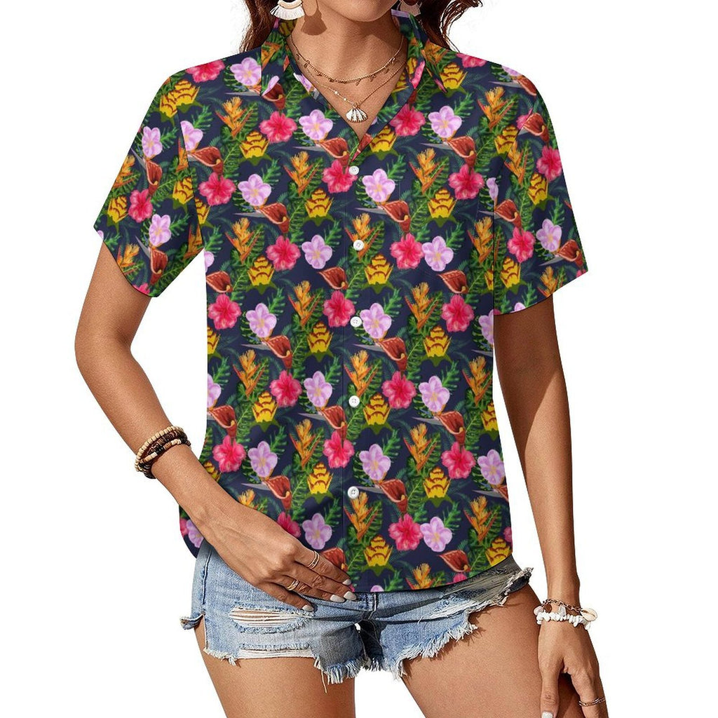 Tropical Floral Women's Short-Sleeve Button Up Shirt white Women's Short-Sleeve Button Up Shirt Plants Printed Offshore