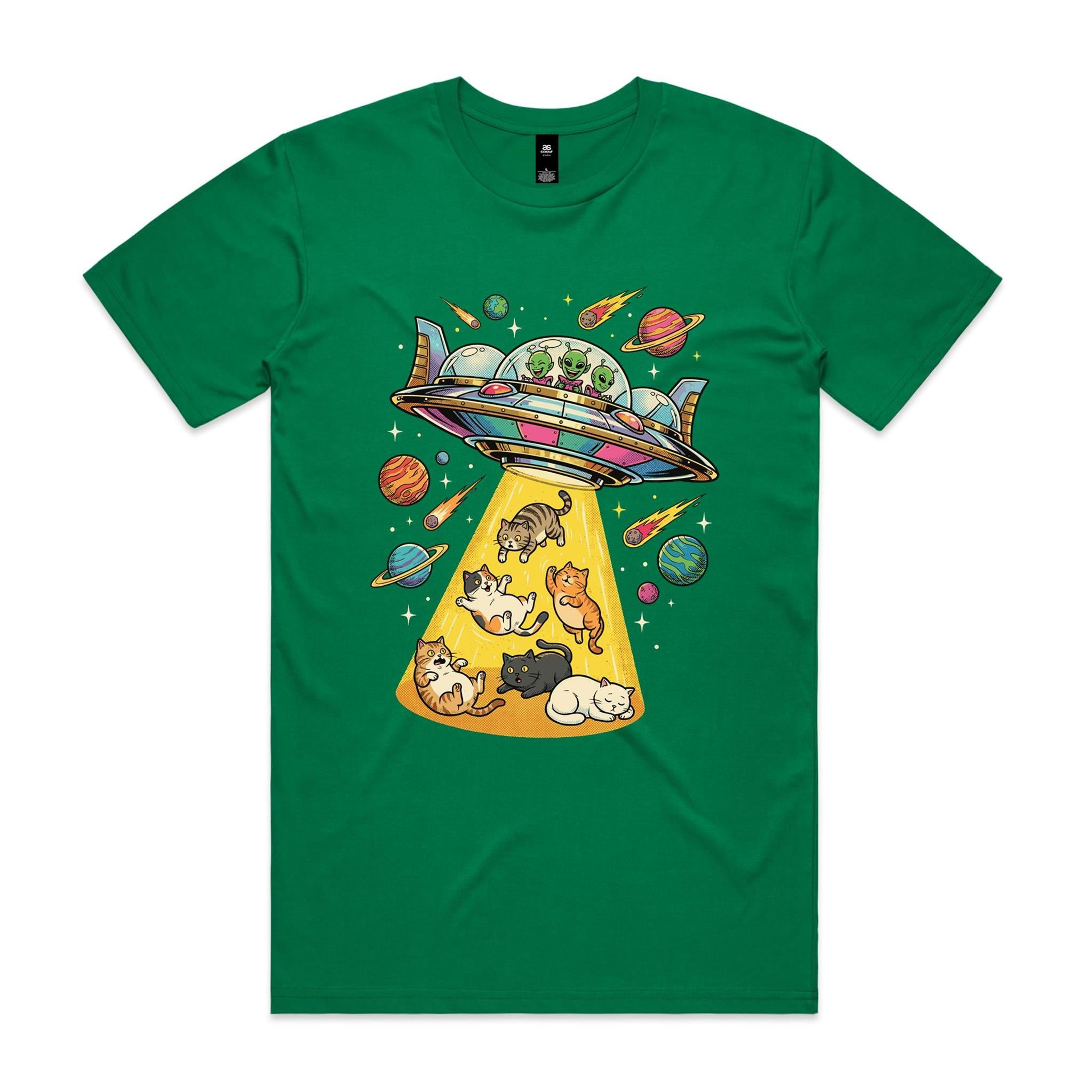 UFO Cat Abduction - Men's AS Colour T-shirt Kelly Green Mens T-shirt animal Printed In Australia Sci Fi