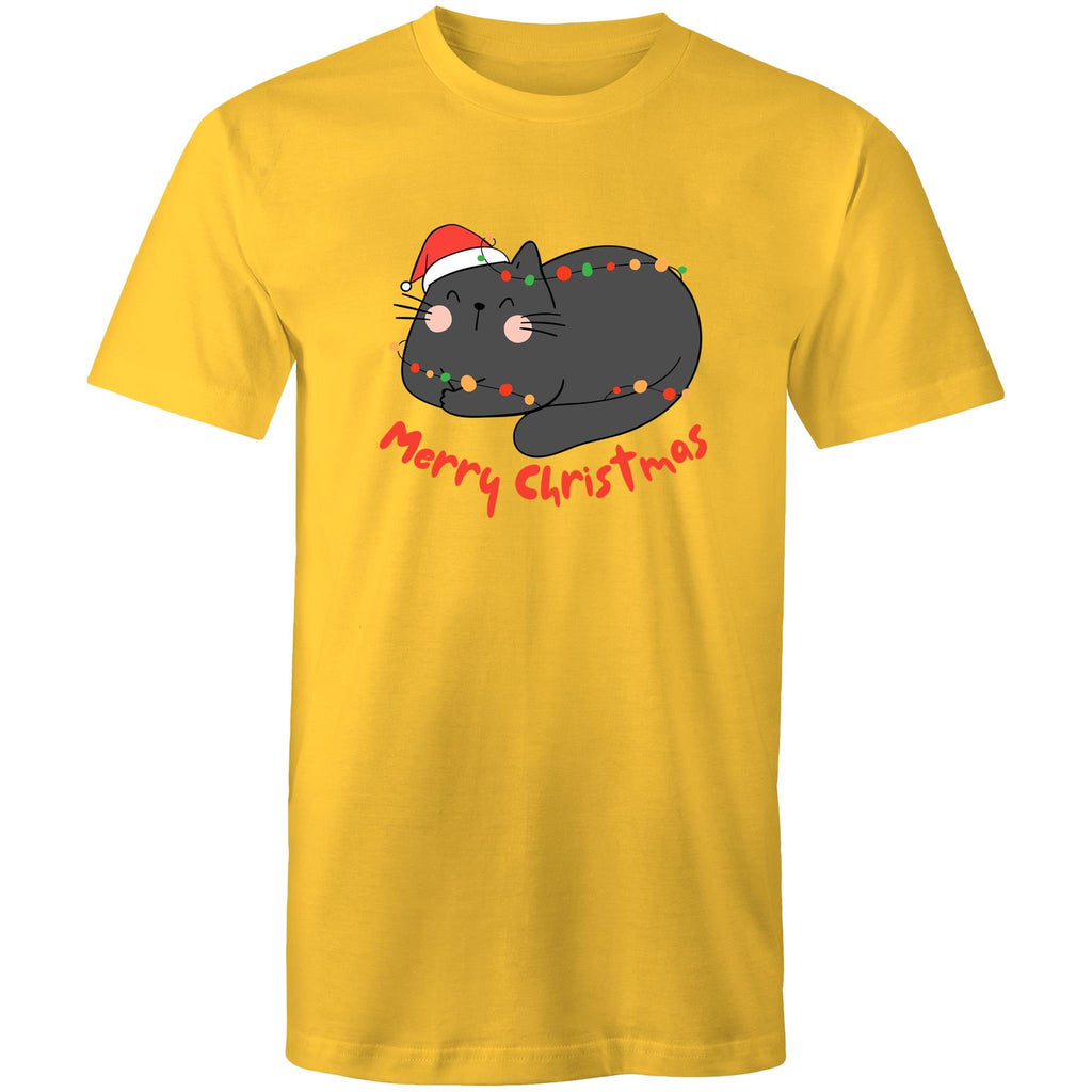 Merry Christmas Cat - Mens T-Shirt Yellow Mens Christmas T-shirt Christmas Printed In Australia