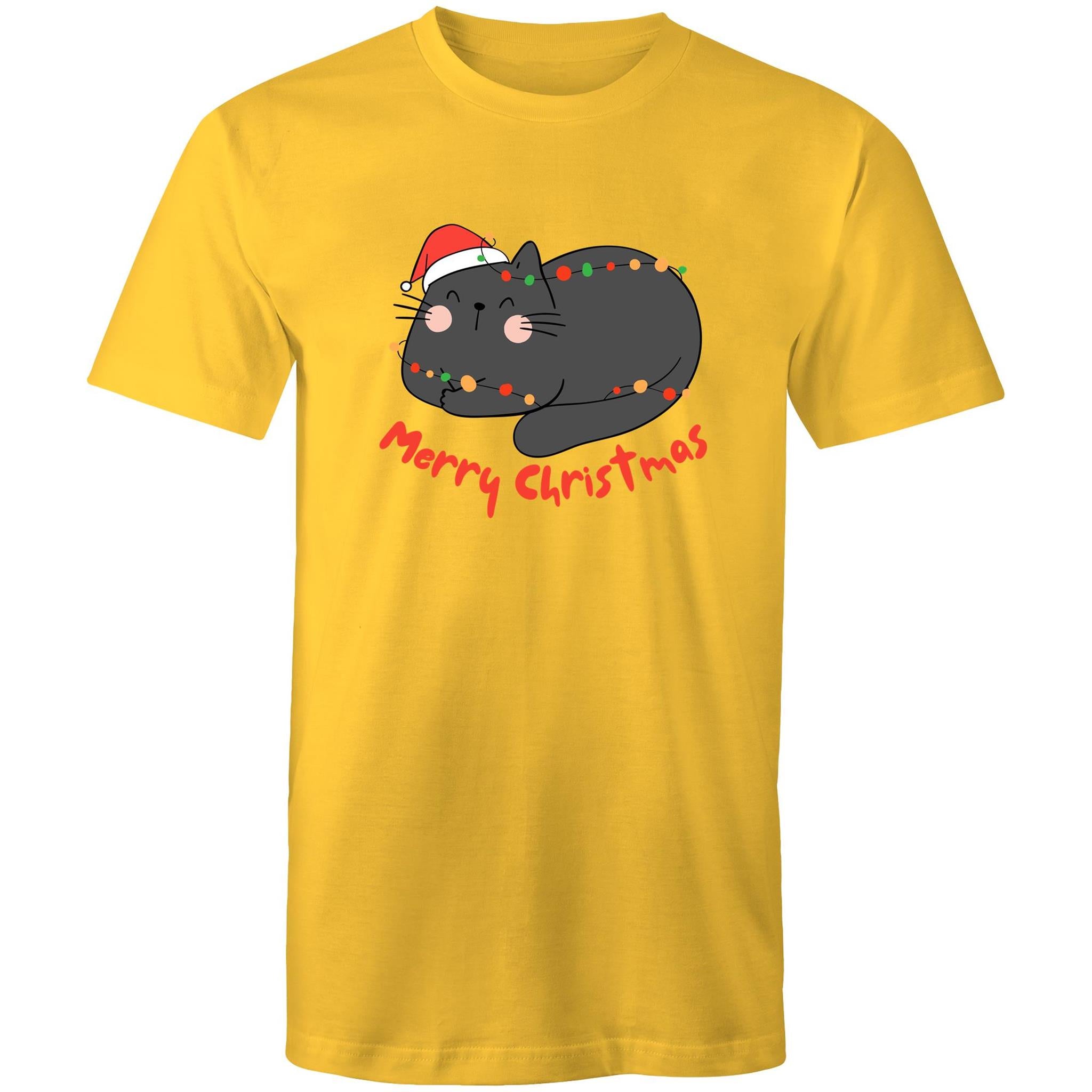 Merry Christmas Cat - Mens T-Shirt Yellow Mens Christmas T-shirt Christmas Printed In Australia