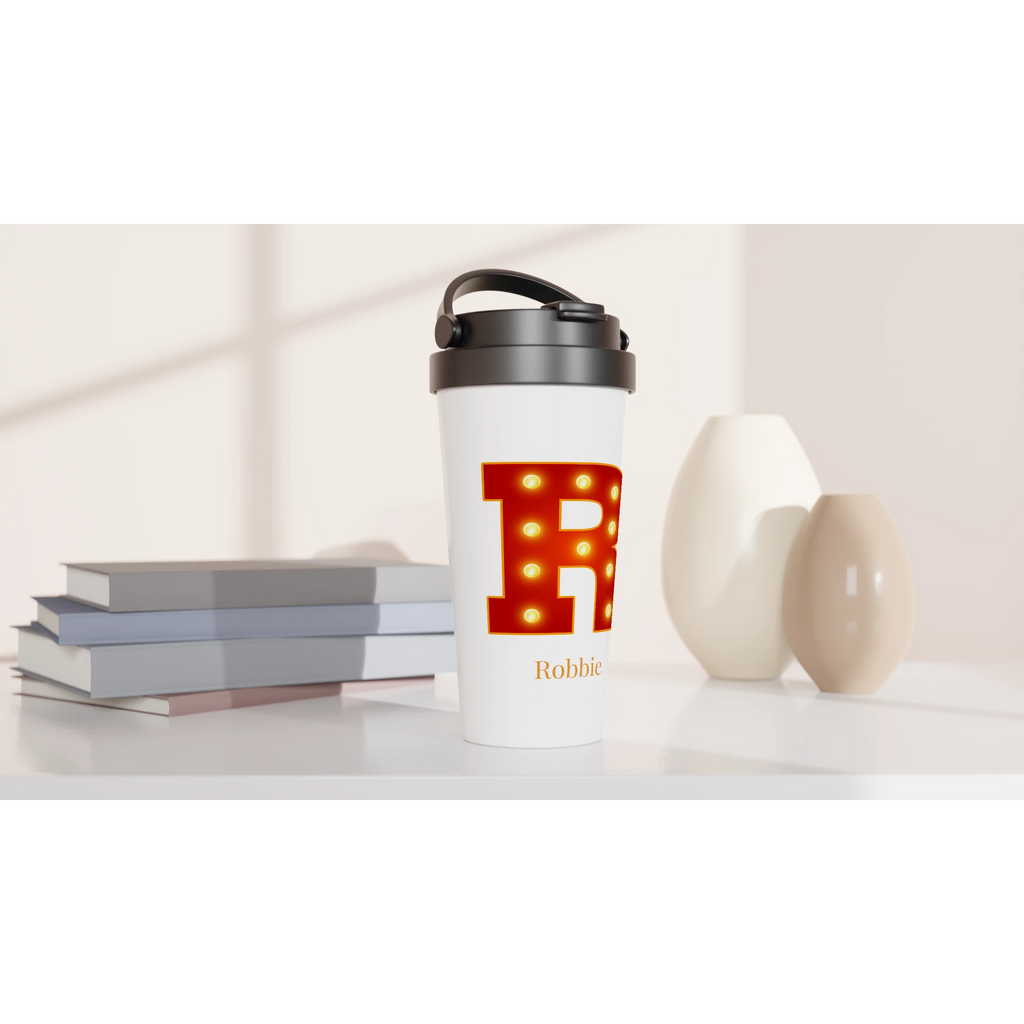Personalised - Marquee Lights Initial - White 15oz Stainless Steel Travel Mug Personalised Travel Mug Customise Globally Fulfilled Personalise