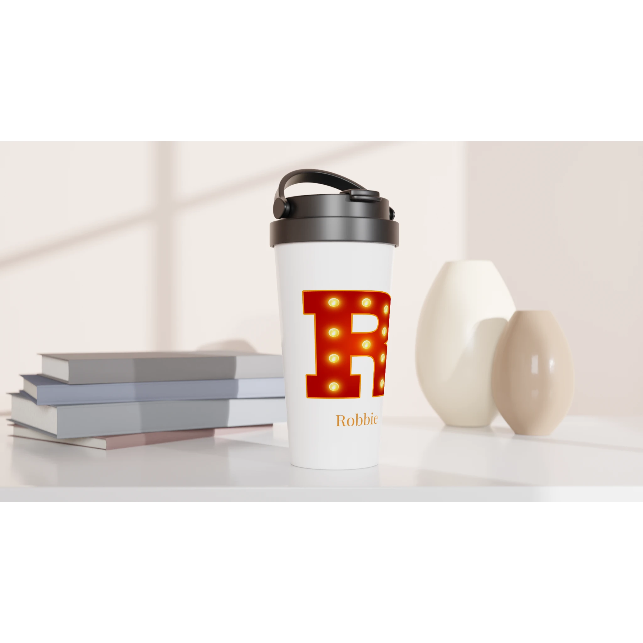 Personalised - Marquee Lights Initial - White 15oz Stainless Steel Travel Mug Personalised Travel Mug Customise Globally Fulfilled Personalise