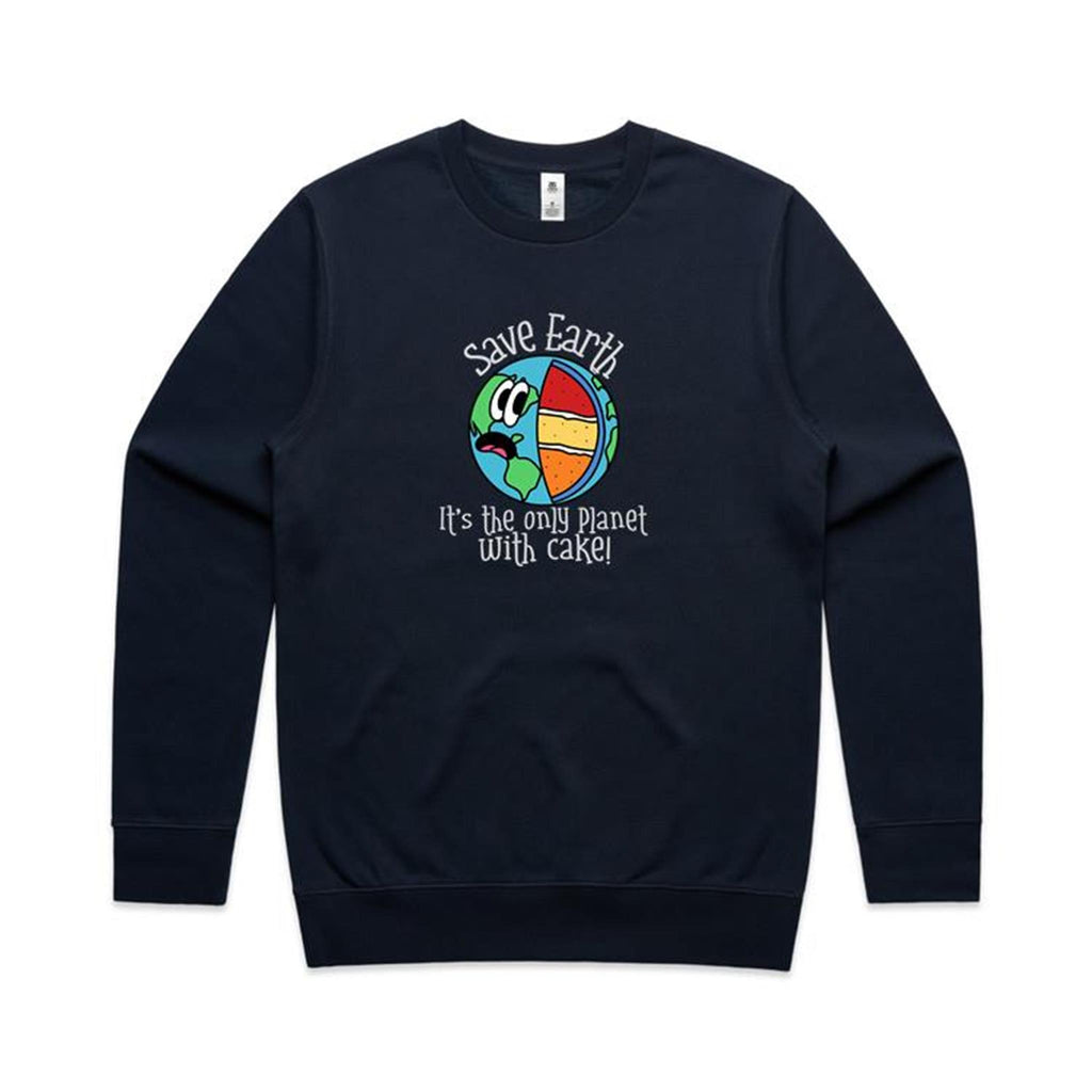 Save Earth, It's The Only Planet With Cake - AS Colour Stencil Crew Navy Sweatshirt Environment Food Printed In Australia