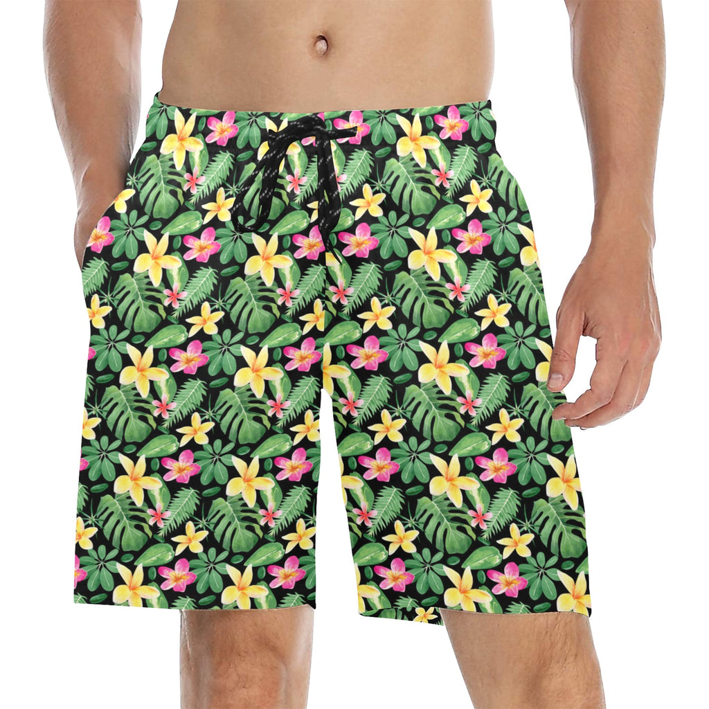 Frangipani Men's Mid-Length Beach Shorts 5XL Men's Mid-Length Beach Shorts Plants Printed Offshore
