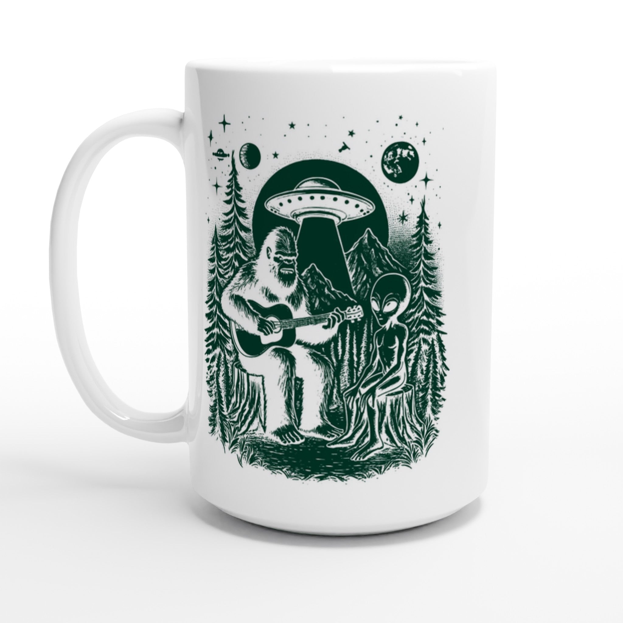 Alien And Bigfoot Play Guitar - White 15oz Ceramic Mug Default Title 15oz Mug Globally Fulfilled Music Sci Fi