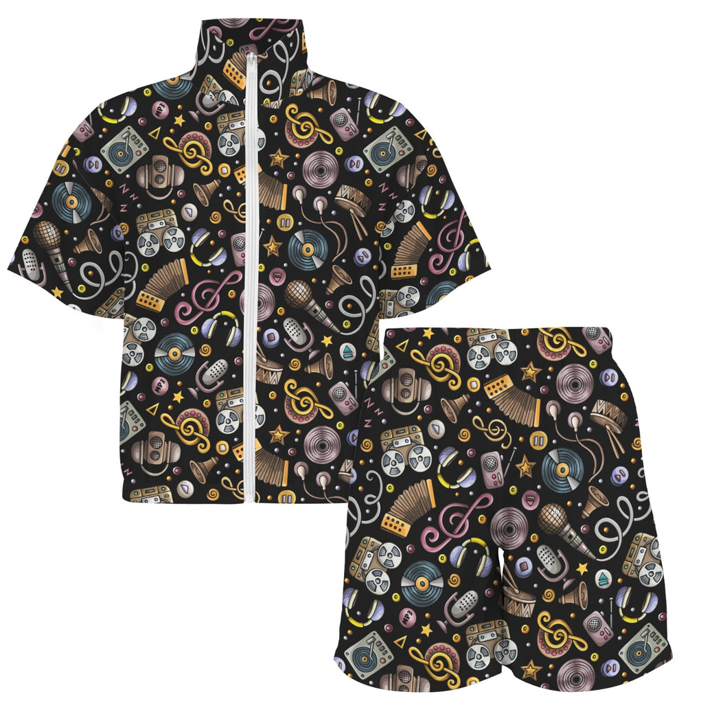 Retro Music Mix Women's Windbreaker Short Set Women's Windbreaker Short Set Music Printed Offshore Retro