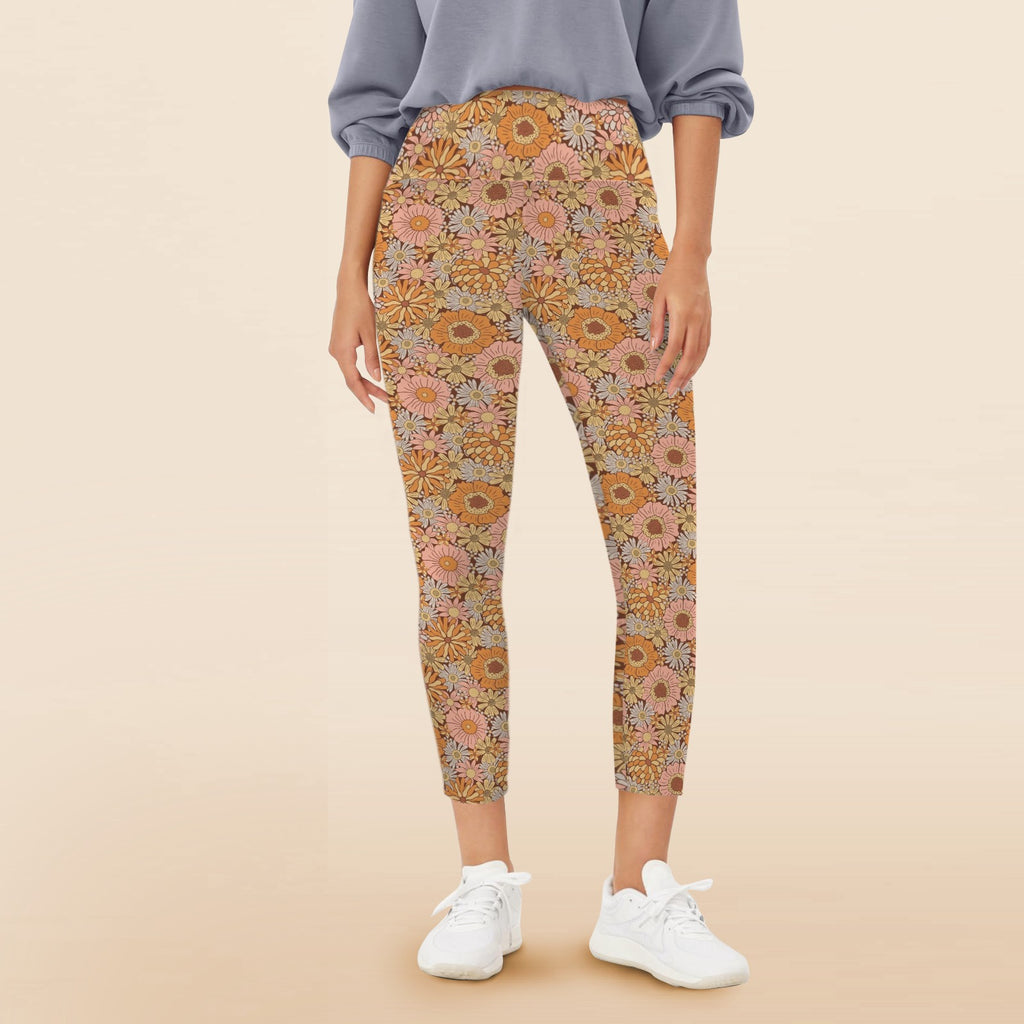 Orange Retro Floral Women's High Waist Pockets Yoga Leggings