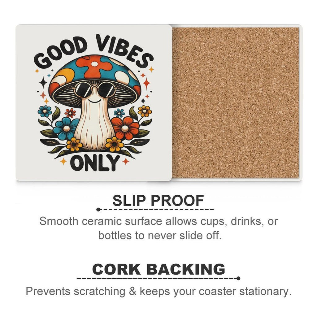 Good Vibes Only, Hippie Mushroom Ceramic Coasters (Square) Ceramic Coasters Positivity Printed Offshore Retro