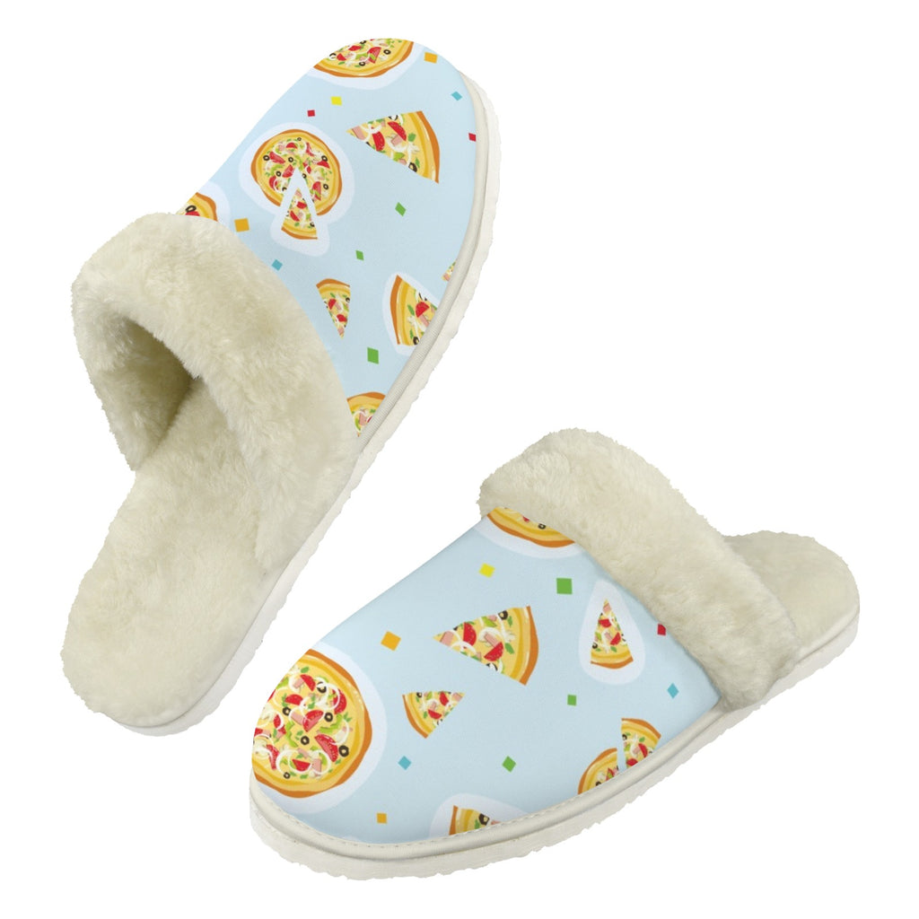 Pizzas On Blue Men's Fur Trim Thick-Sole Indoor Slippers 2XL Men's Fur Trimmed Slippers Food Printed Offshore