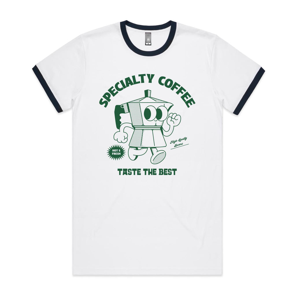 Specialty Coffee - Staple Ringer Tee White Navy Ringer T-Shirt Coffee Printed In Australia