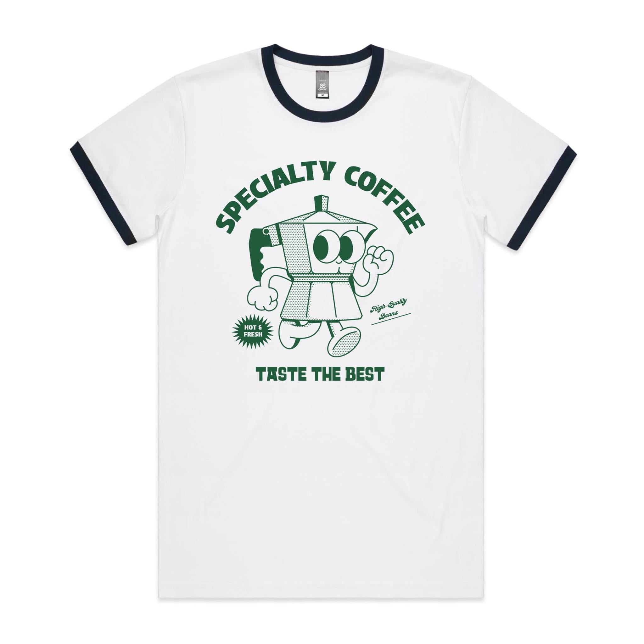 Specialty Coffee - Staple Ringer Tee White Navy Ringer T-Shirt Coffee Printed In Australia