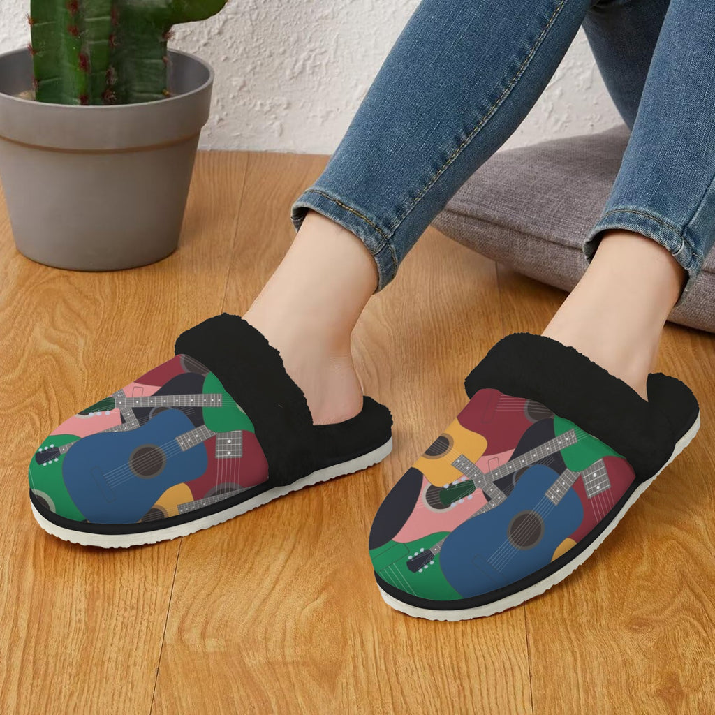 Colourful Guitars Women's Fur Trim Thick-Sole Indoor Slippers Women's Fur Trimmed Slippers Music Printed Offshore