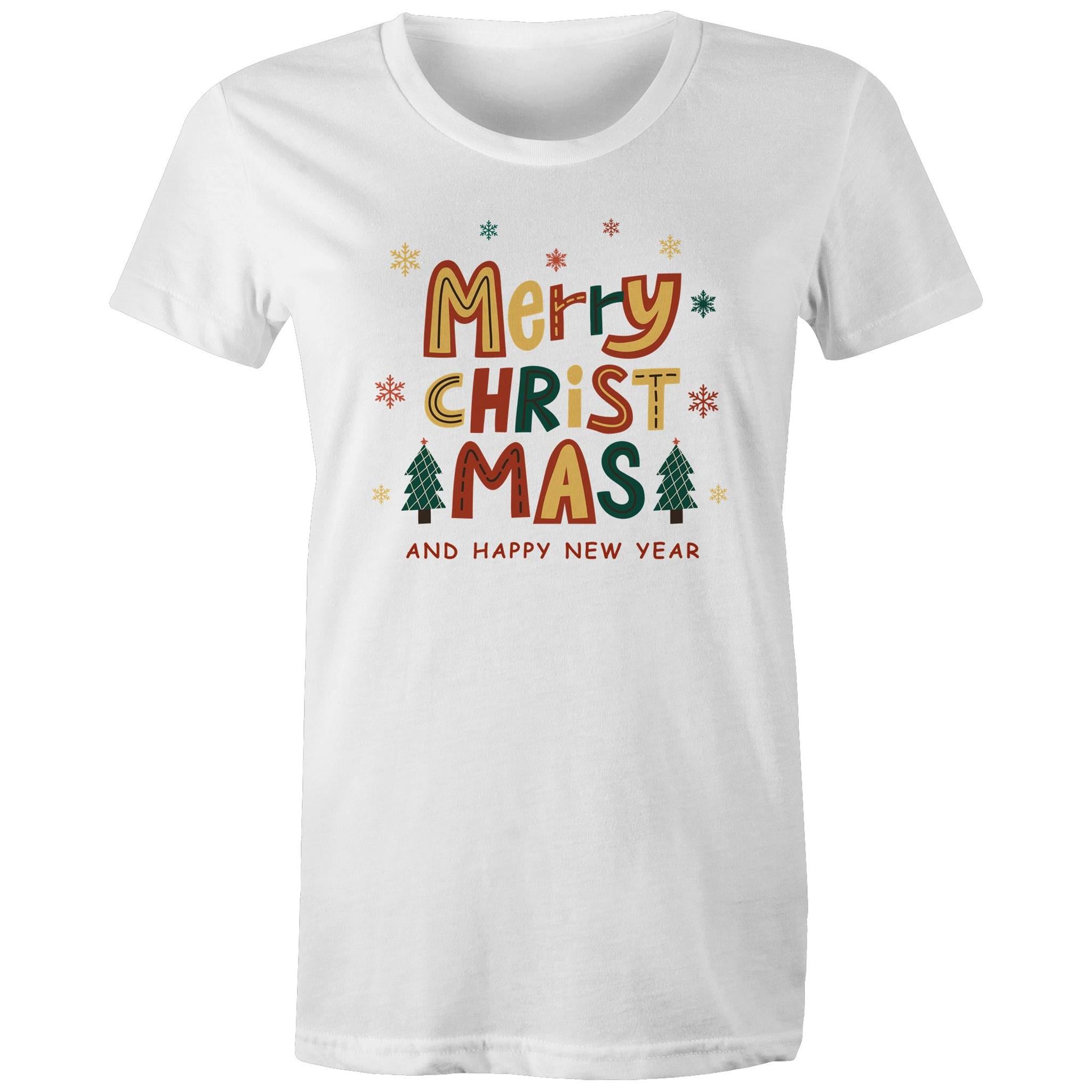Merry Christmas And Happy New Year - Womens T-shirt White Womens Christmas T-shirt Christmas Printed In Australia
