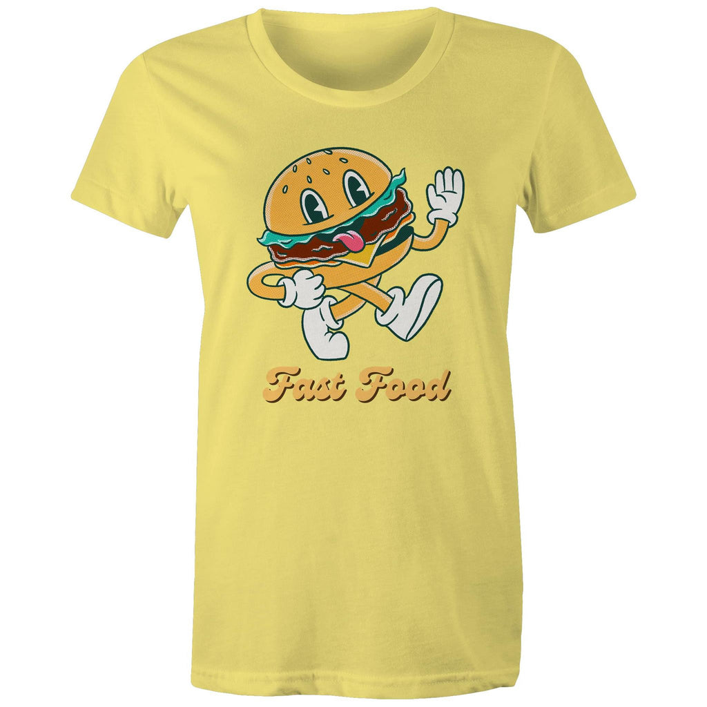 Fast Food, Hamburger - Womens T-shirt Yellow Womens T-shirt Food Printed In Australia