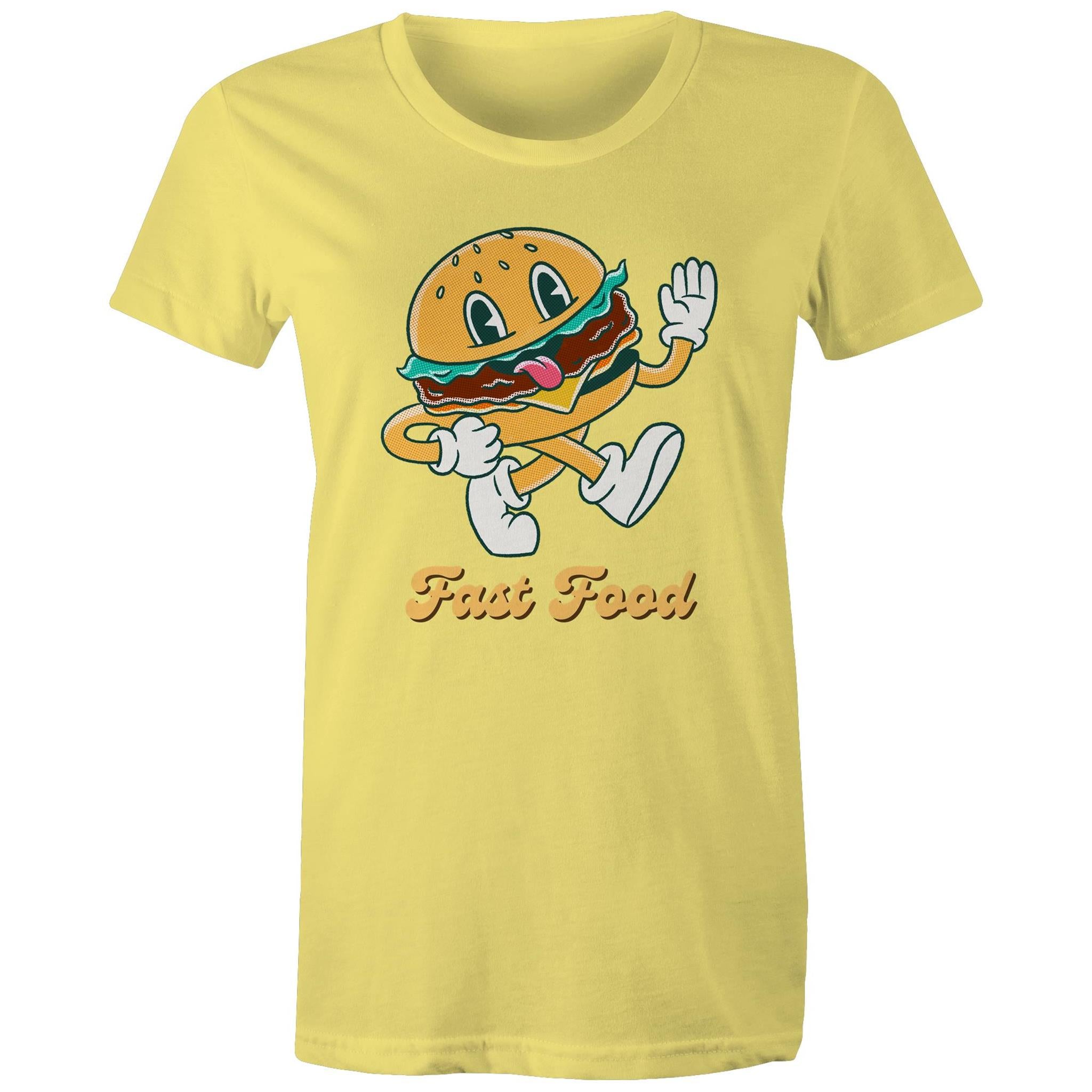 Fast Food, Hamburger - Womens T-shirt Yellow Womens T-shirt Food Printed In Australia