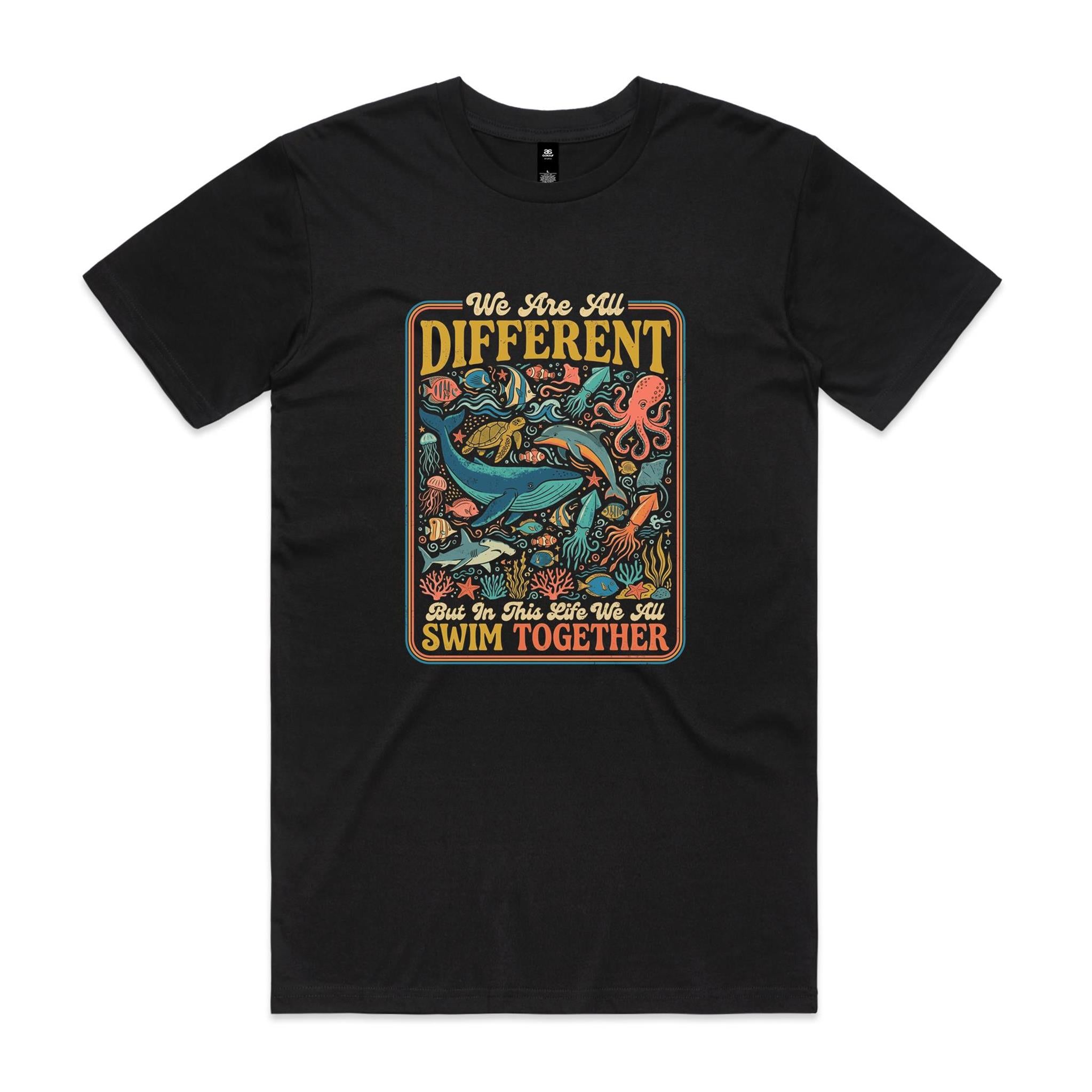 We Are All Different, But We All Swim Together - Men's AS Colour T-shirt Black Mens T-shirt animal Ocean Positivity Printed In Australia