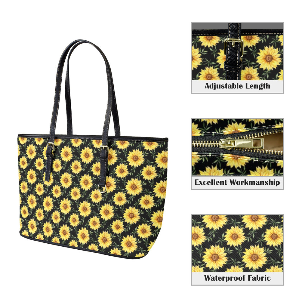 Painted Sunflower PU Leather Tote Bag Large Leather Tote Bag-Large Plants Printed Offshore