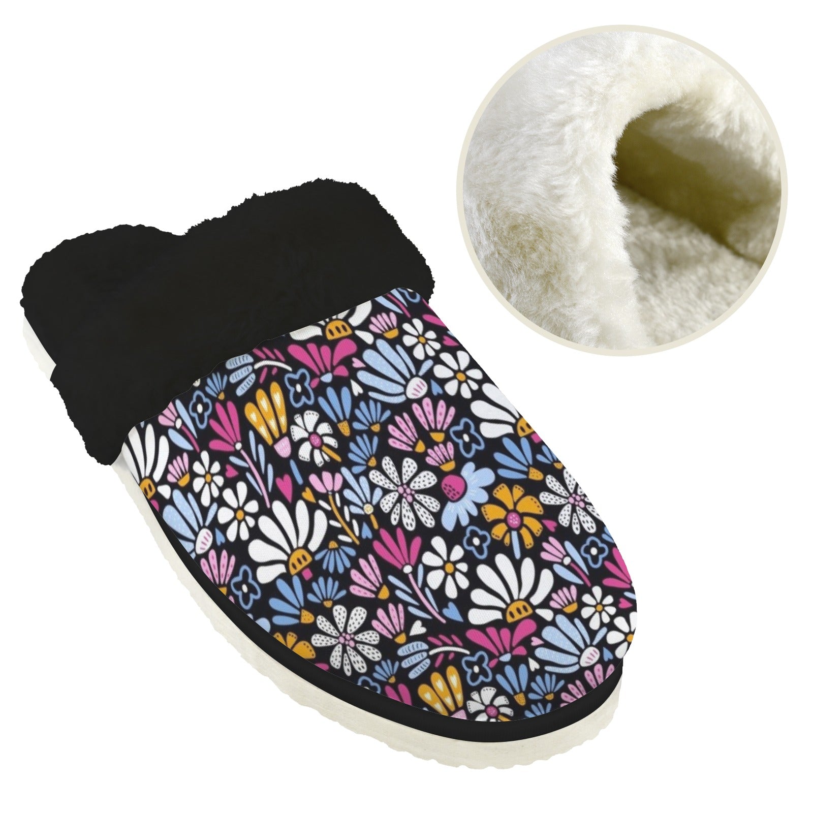 Graphic Flowers On Black Women's Fur Trim Thick-Sole Indoor Slippers Women's Fur Trimmed Slippers Plants Printed Offshore