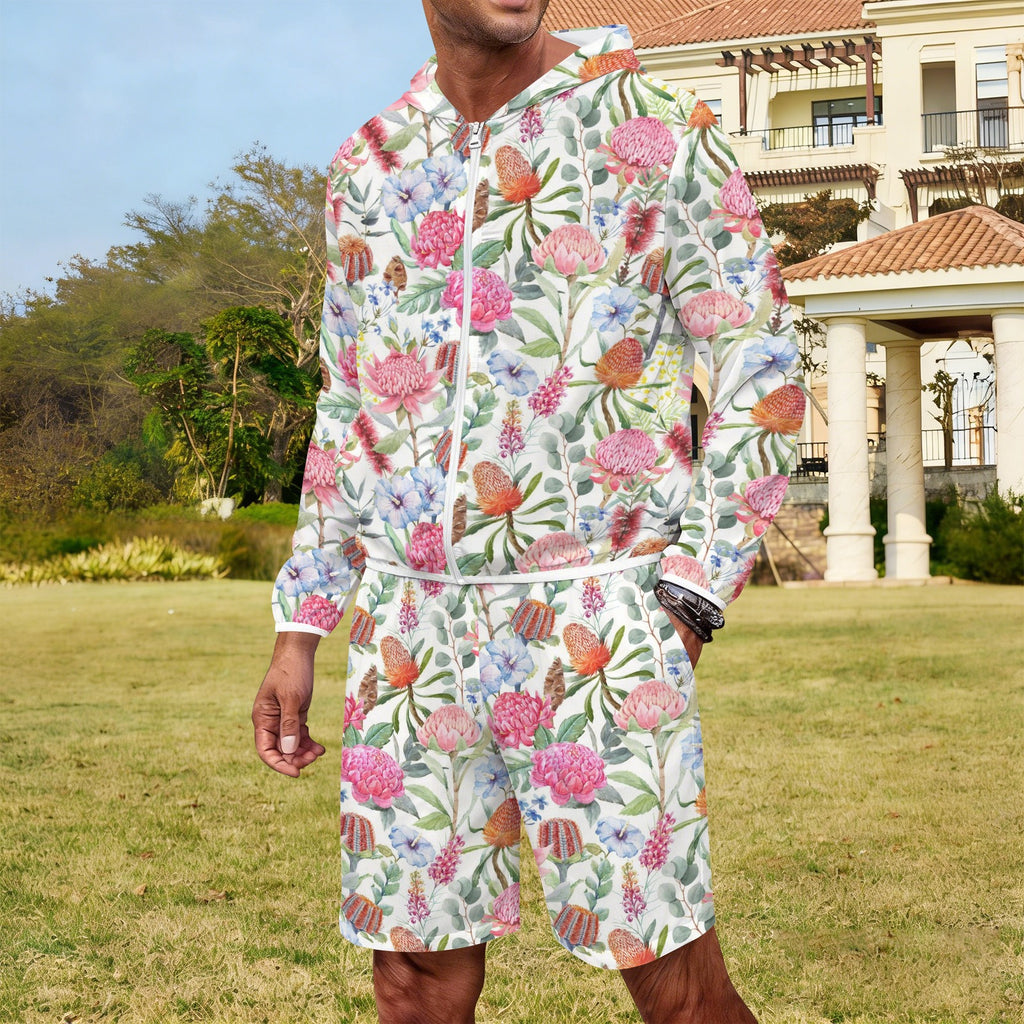 Australian Flowers Men's Lightweight Sun Hoodie & Shorts Set Men's Lightweight Sun Hoodie & Shorts Plants Printed Offshore