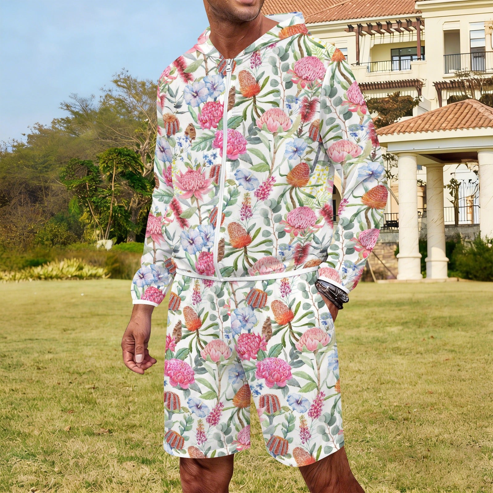 Australian Flowers Men's Lightweight Sun Hoodie & Shorts Set Men's Lightweight Sun Hoodie & Shorts Plants Printed Offshore