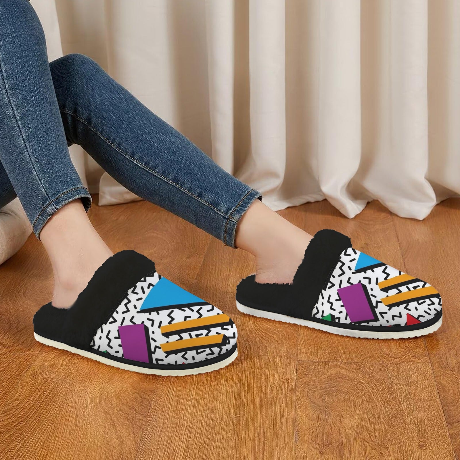 80's Abstract - Women's Fur Trim Thick-Sole Indoor Slippers Women's Fur Trimmed Slippers Printed Offshore Retro