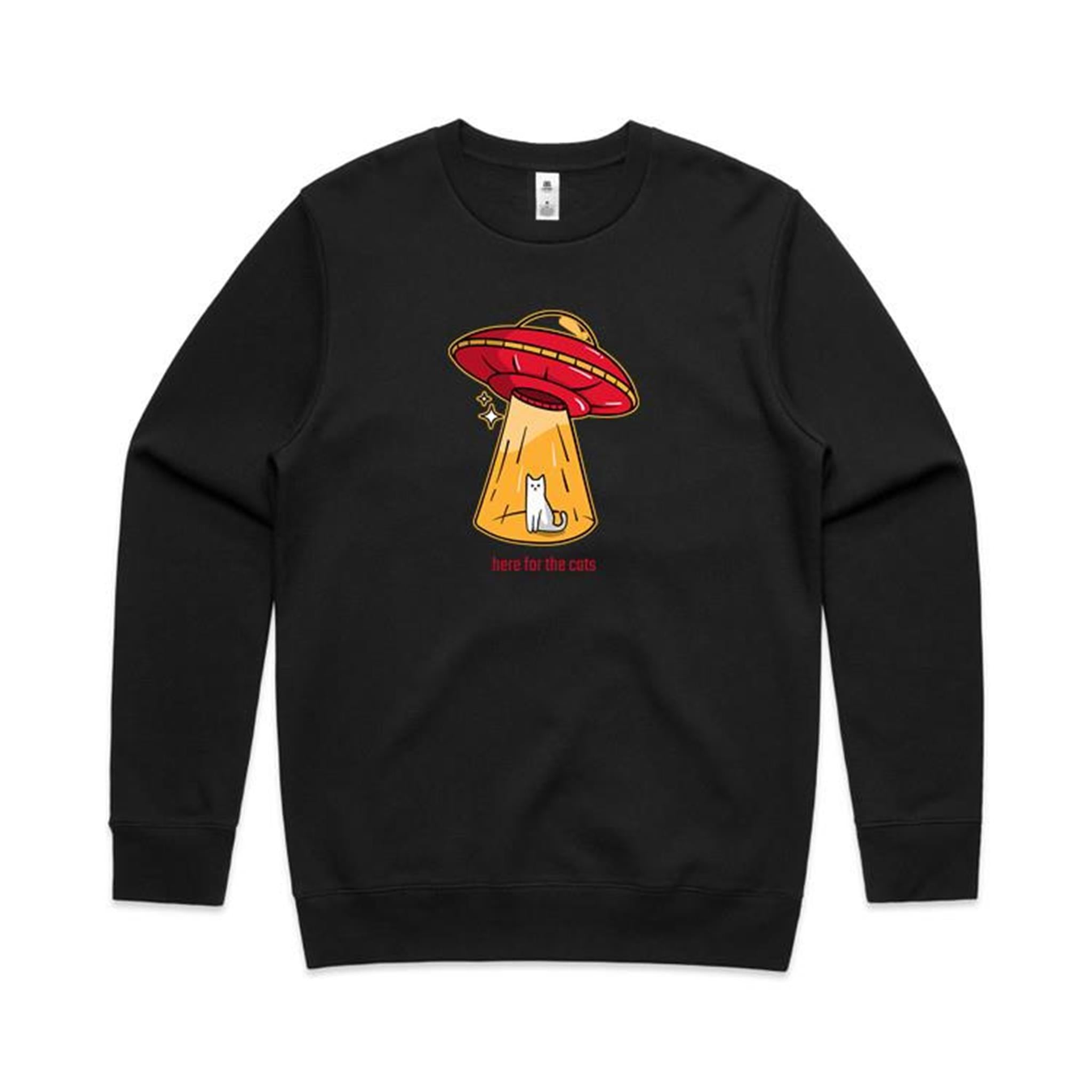 Here For The Cats, UFO - AS Colour Stencil Crew Black Sweatshirt animal Printed In Australia Sci Fi