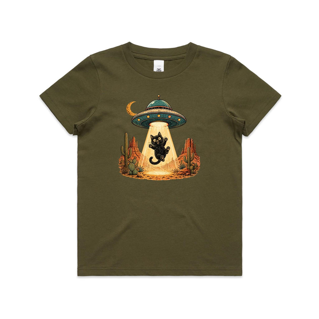 Black Cat Alien UFO Abduction Kids AS Colour T-shirt