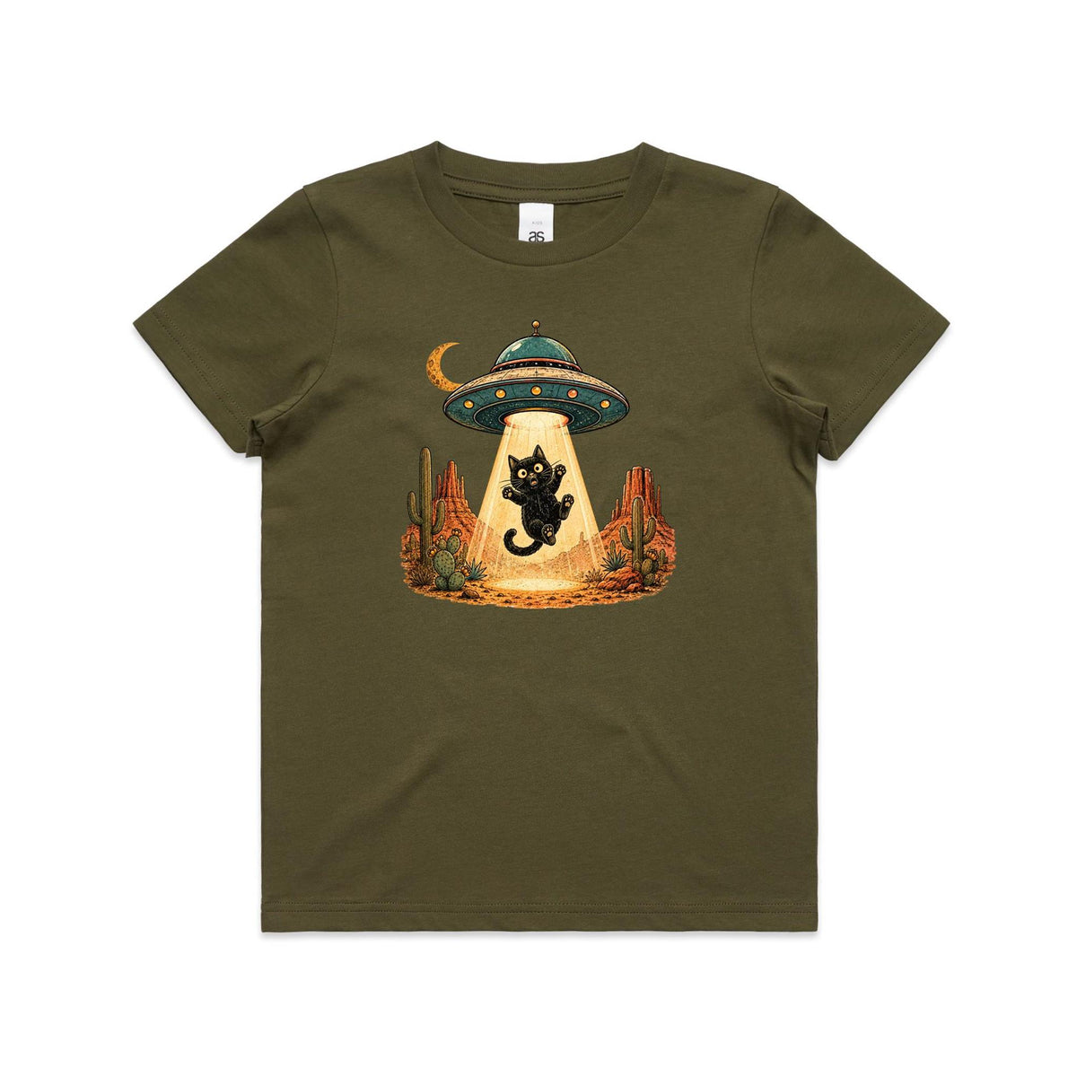 Black Cat Alien UFO Abduction Kids AS Colour T-shirt