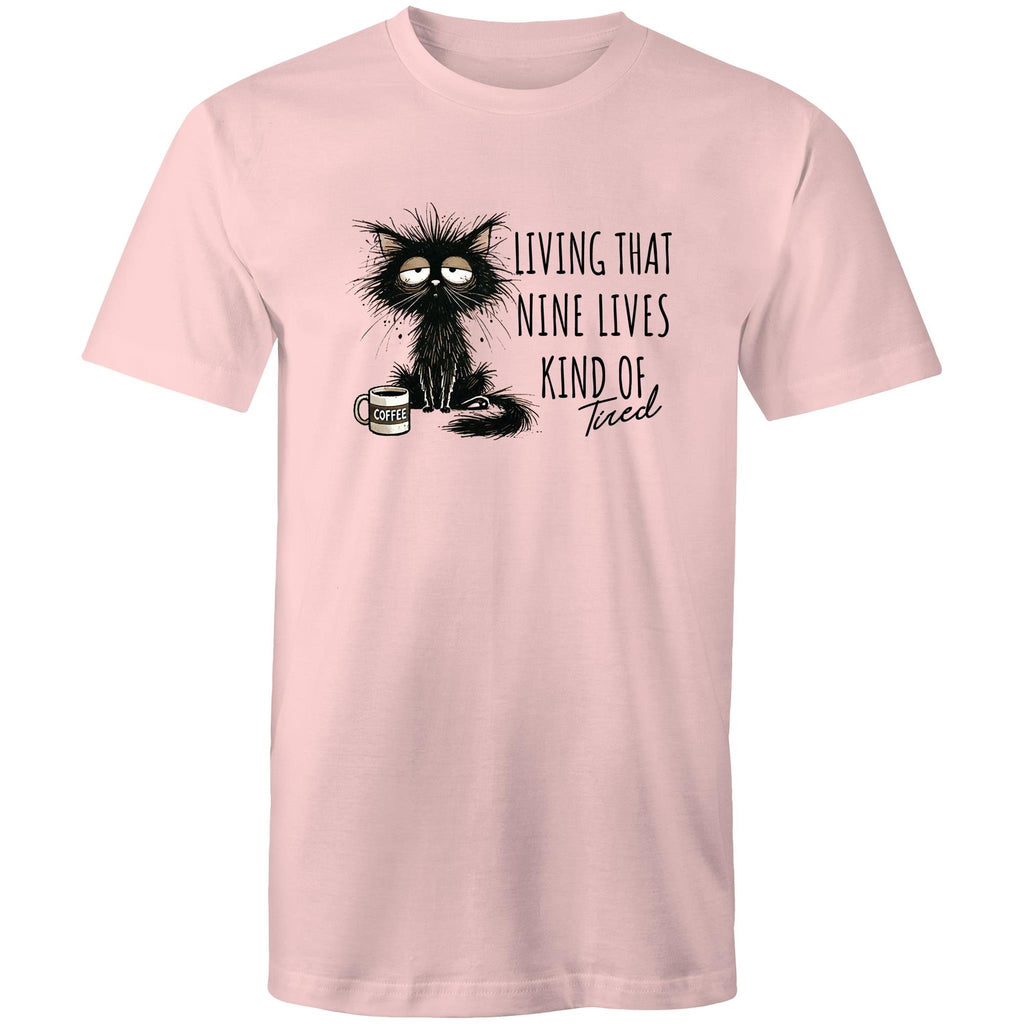 Living That Nine Lives Kind Of Tired, Frazzled Cat - Mens T-Shirt Pink Mens T-shirt animal Coffee Printed In Australia