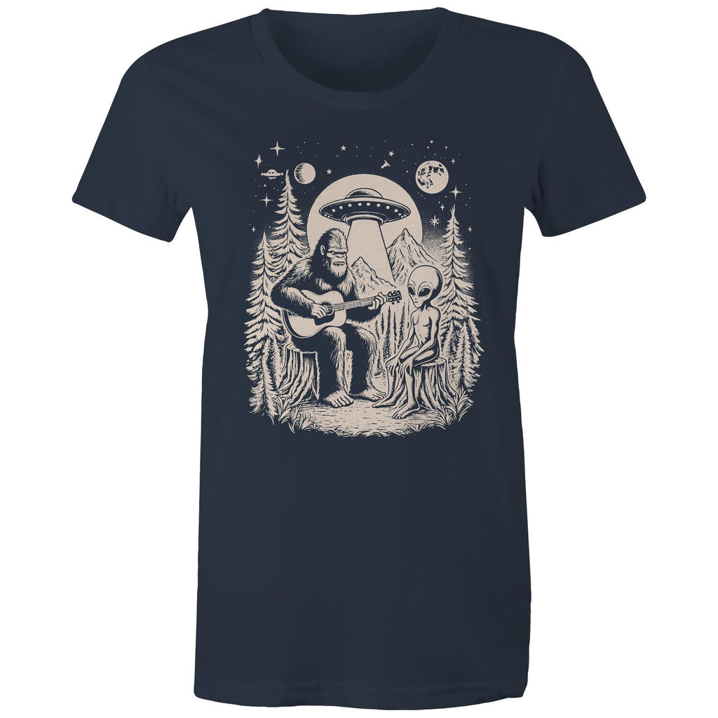 Alien And Bigfoot Play Guitar - Womens T-shirt Navy Womens T-shirt Music Printed In Australia Sci Fi