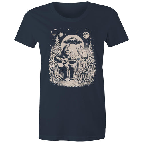 Alien And Bigfoot Play Guitar - Womens T-shirt Navy Womens T-shirt Music Printed In Australia Sci Fi