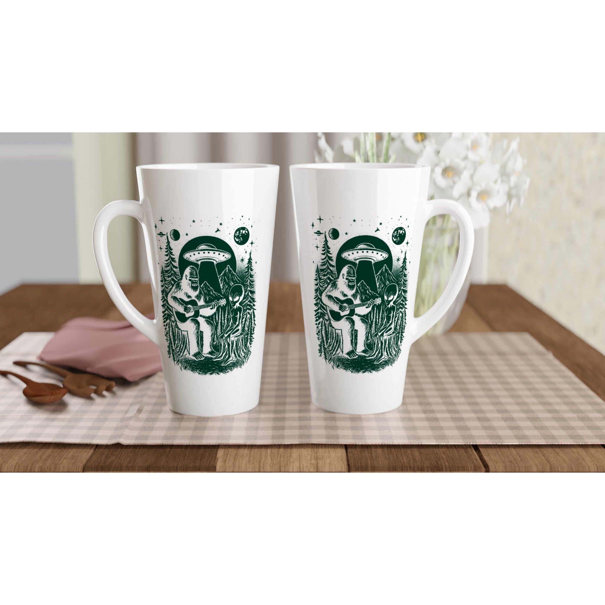 Alien And Bigfoot Play Guitar - White Latte 17oz Ceramic Mug Latte Mug Globally Fulfilled Music Sci Fi