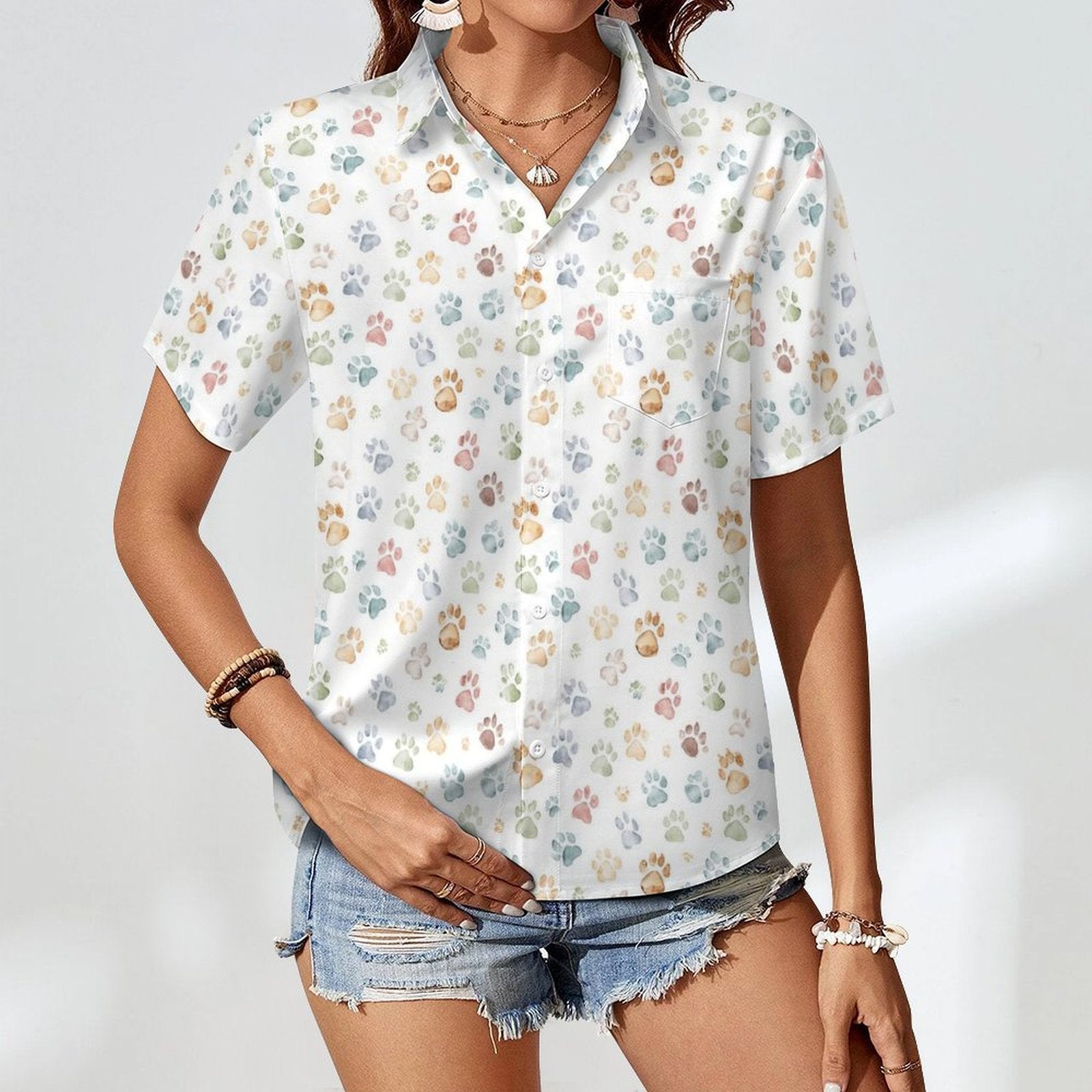 Paw Print Women's Short-Sleeve Button Up Shirt Women's Short-Sleeve Button Up Shirt animal Printed Offshore
