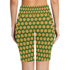 Yellow Flowers On Green Women's Bike Shorts With Side Pockets