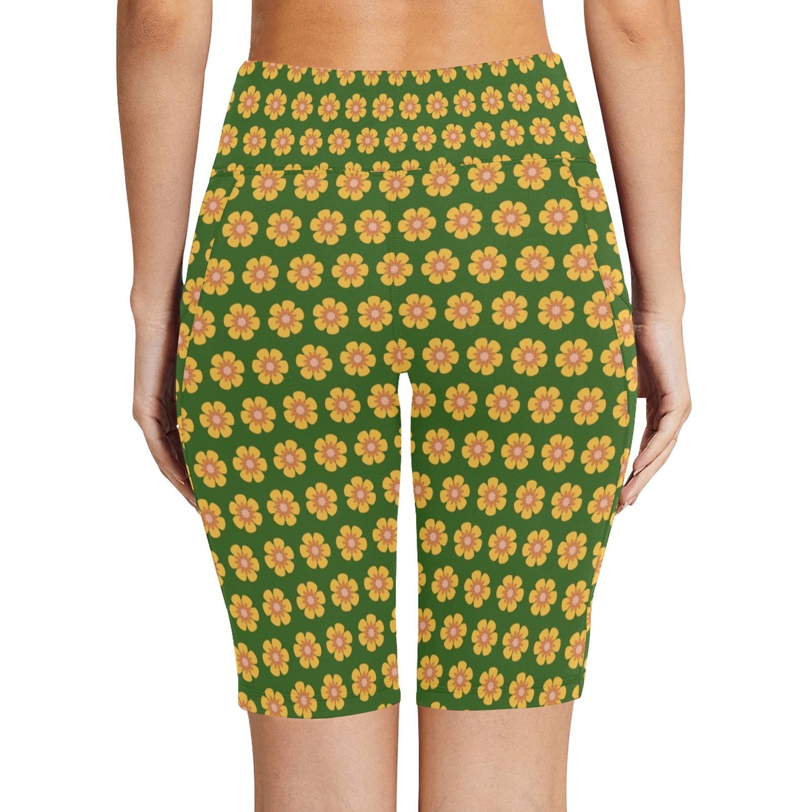 Yellow Flowers On Green Women's Bike Shorts With Side Pockets