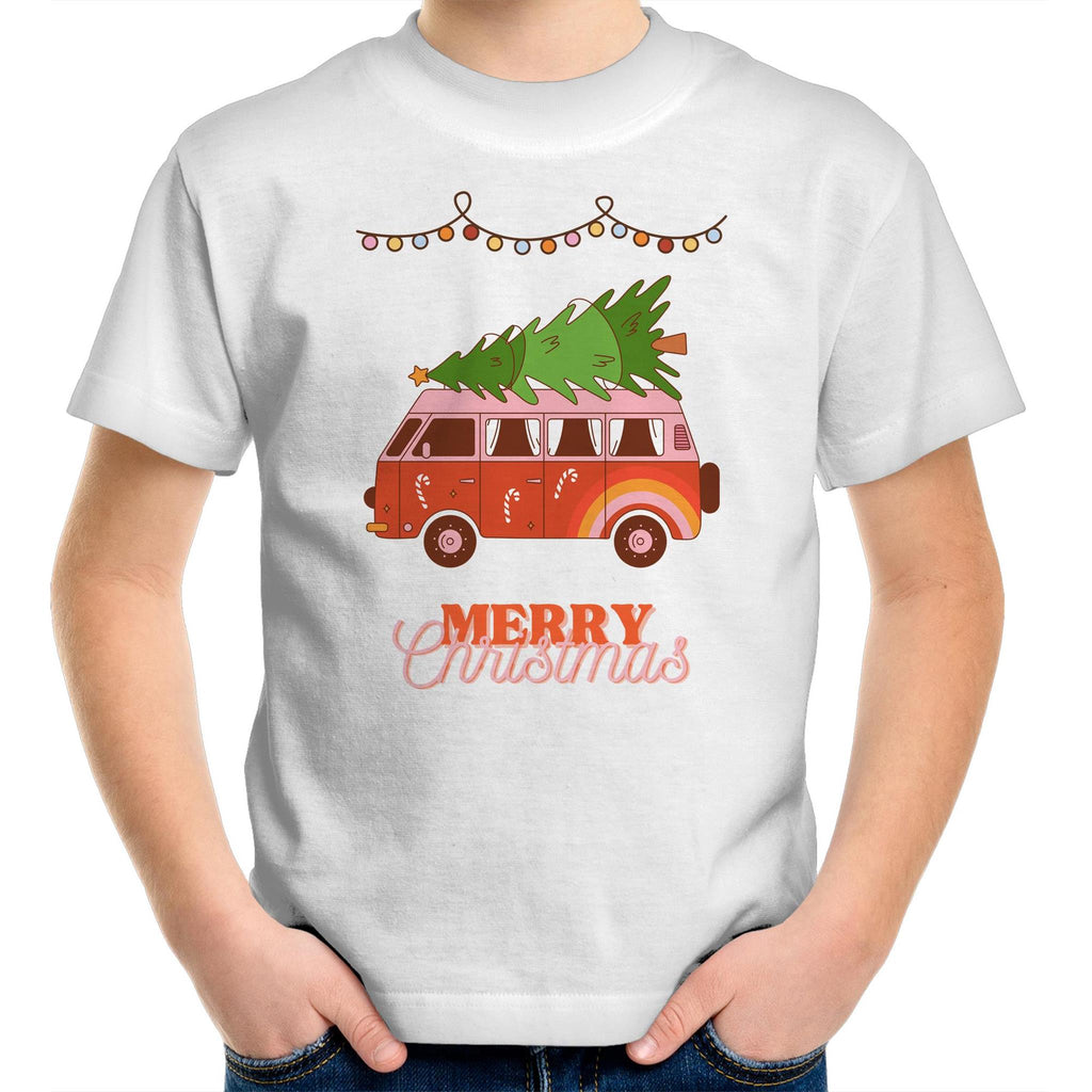 Merry Christmas Hippy Van - Kids Youth T-Shirt White Kids Christmas T-shirt Christmas Printed In Australia