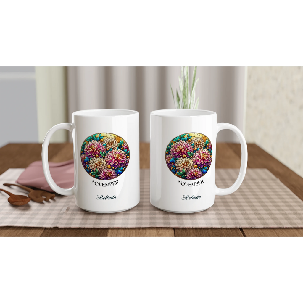 Personalise - Stained Glass Birth Month Flowers - White 15oz Ceramic Mug Personalised 15oz Mug Birthday customise Globally Fulfilled Name personalise Plants