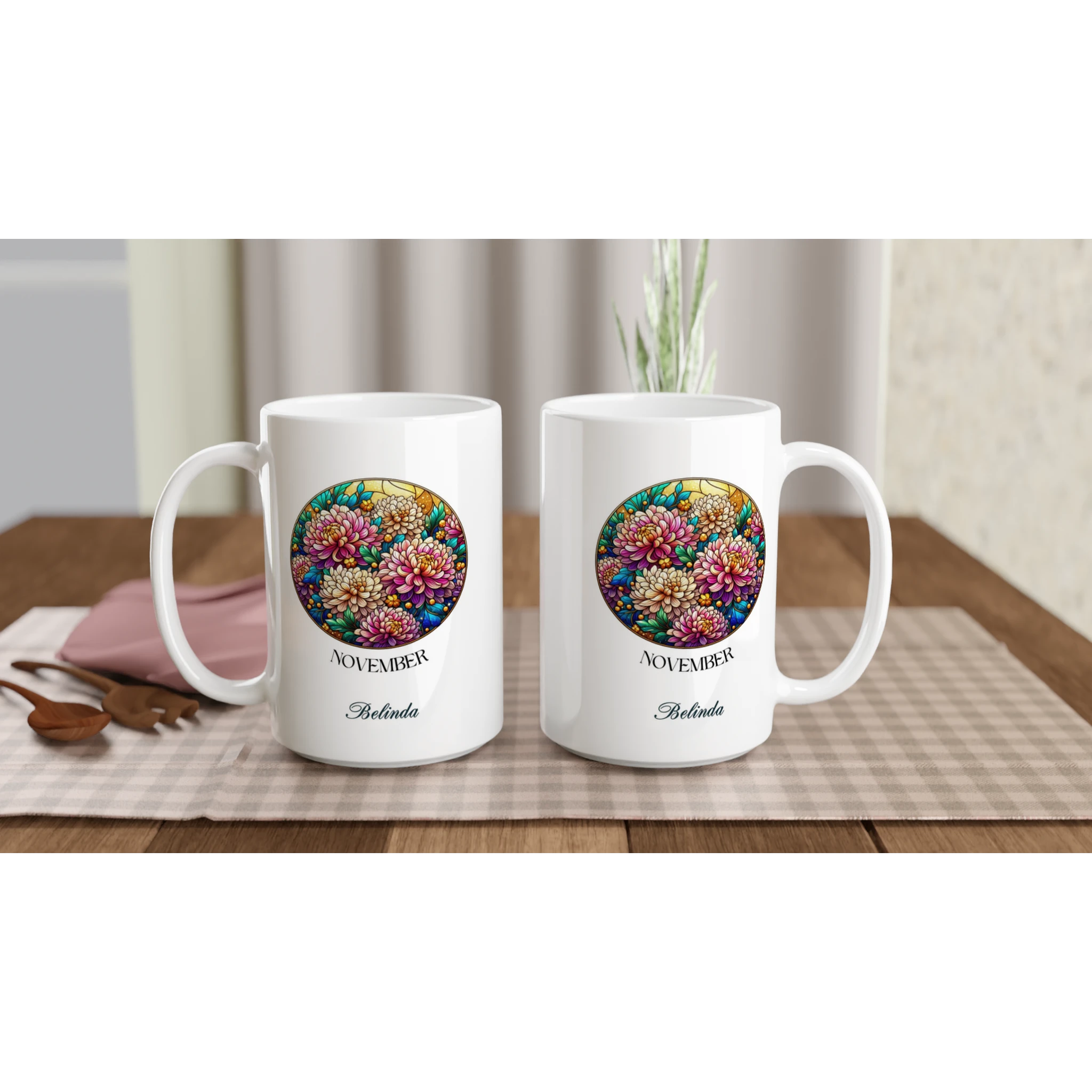 Personalise - Stained Glass Birth Month Flowers - White 15oz Ceramic Mug Personalised 15oz Mug Birthday customise Globally Fulfilled Name personalise Plants