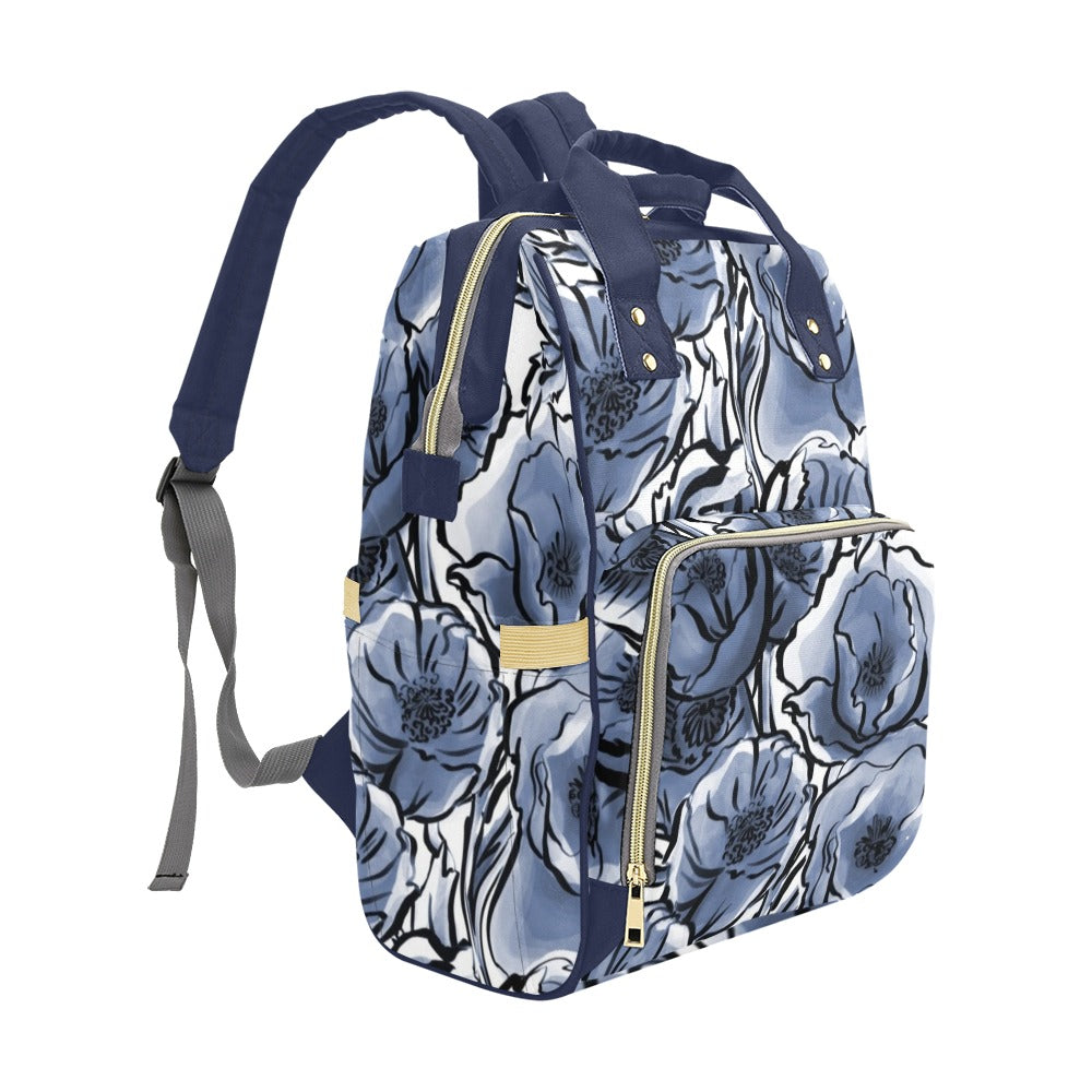 Blue And White Floral - Multi-Function Backpack, Nappy / Diaper Bag