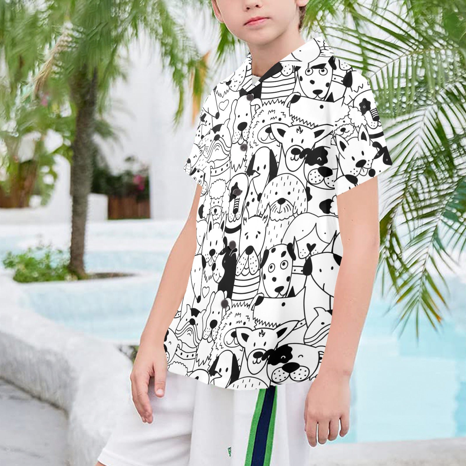 Black And White Dogs Senior Kids Hawaiian Shirt Senior Kids Hawaiian Shirt 8-15 animal Printed Offshore