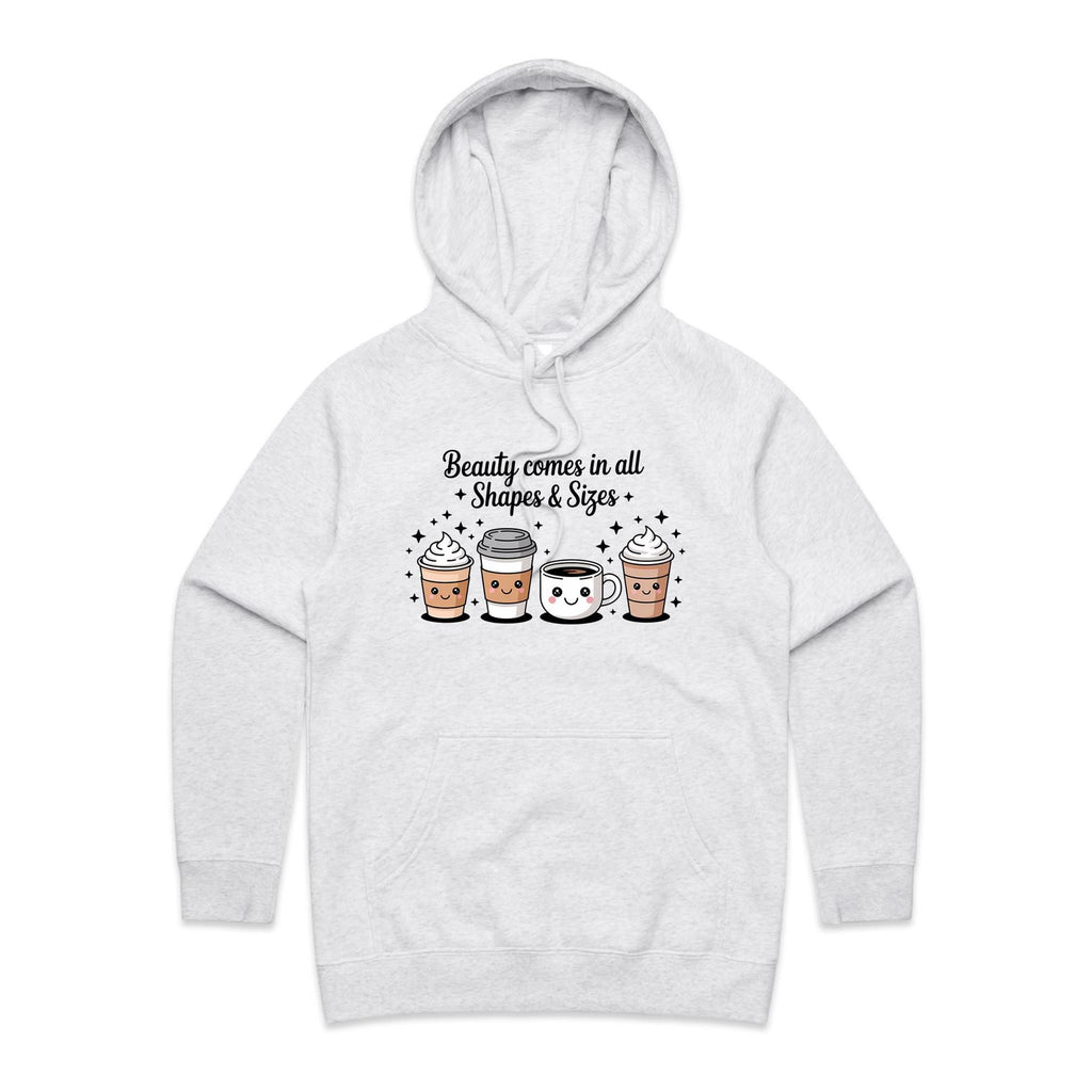 Coffee Beauty, All Shapes And Sizes Women's AS Colour Hoodie White Marle Womens Hoodie Coffee Positivity Printed In Australia