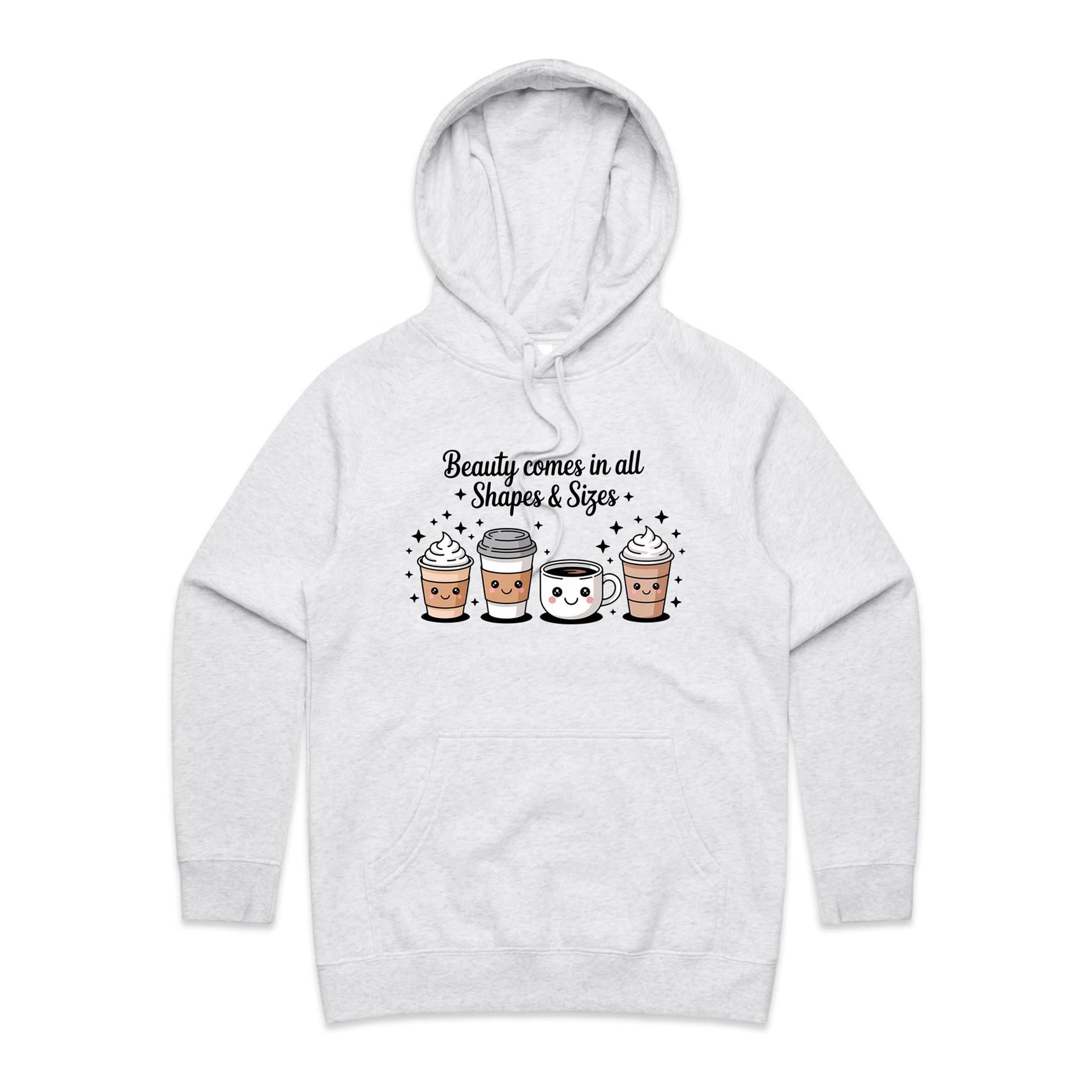 Coffee Beauty, All Shapes And Sizes Women's AS Colour Hoodie White Marle Womens Hoodie Coffee Positivity Printed In Australia