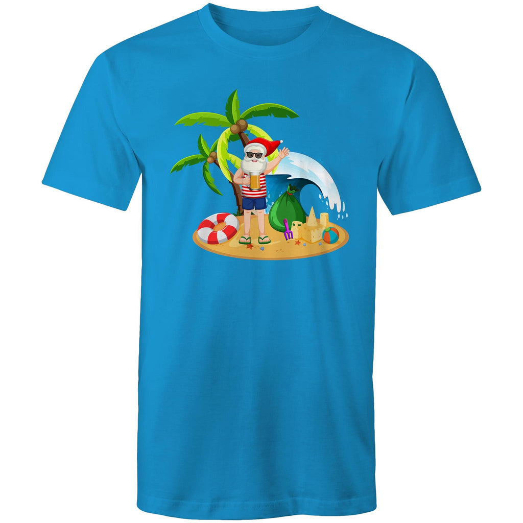 Surf Summer Santa - Mens T-Shirt Arctic Blue Mens Christmas T-shirt Christmas Printed In Australia