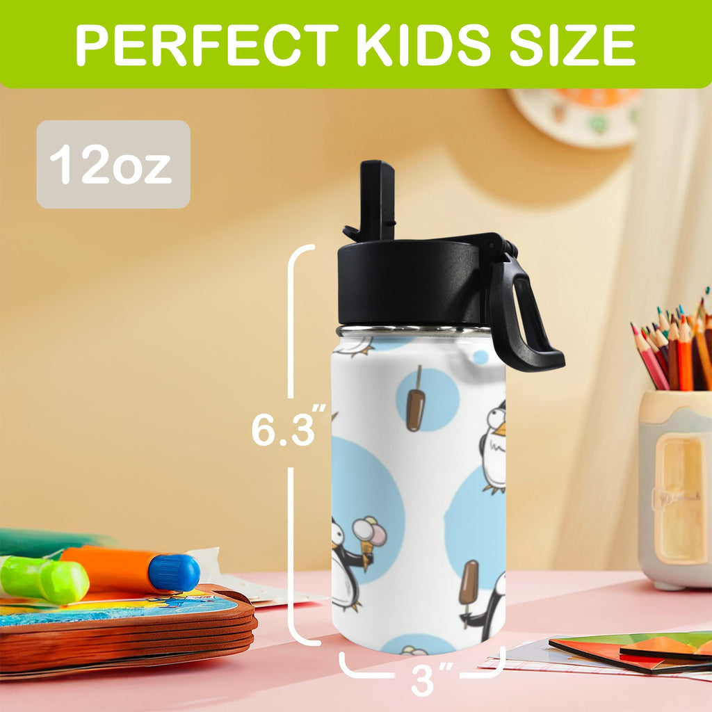 Cute Cartoon Penguins 12oz Kids Water Bottle with Straw Lid