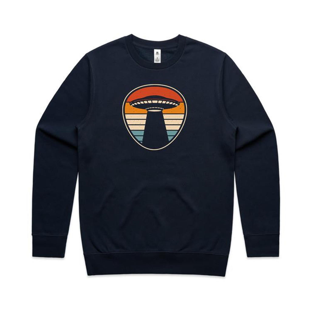 UFO Retro Stripes - AS Colour Stencil Crew Sweatshirt Navy Sweatshirt Printed In Australia