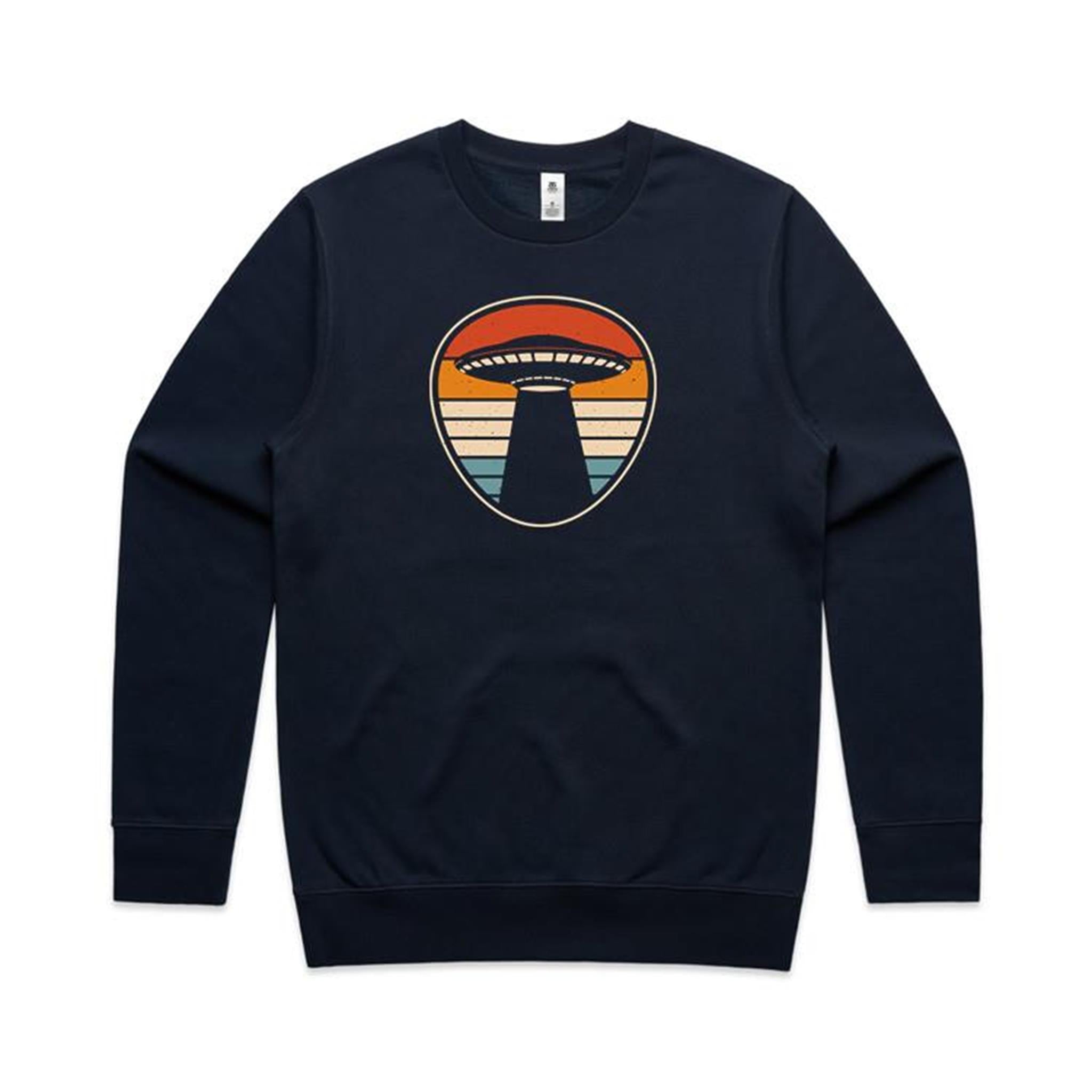 UFO Retro Stripes - AS Colour Stencil Crew Sweatshirt Navy Sweatshirt Printed In Australia